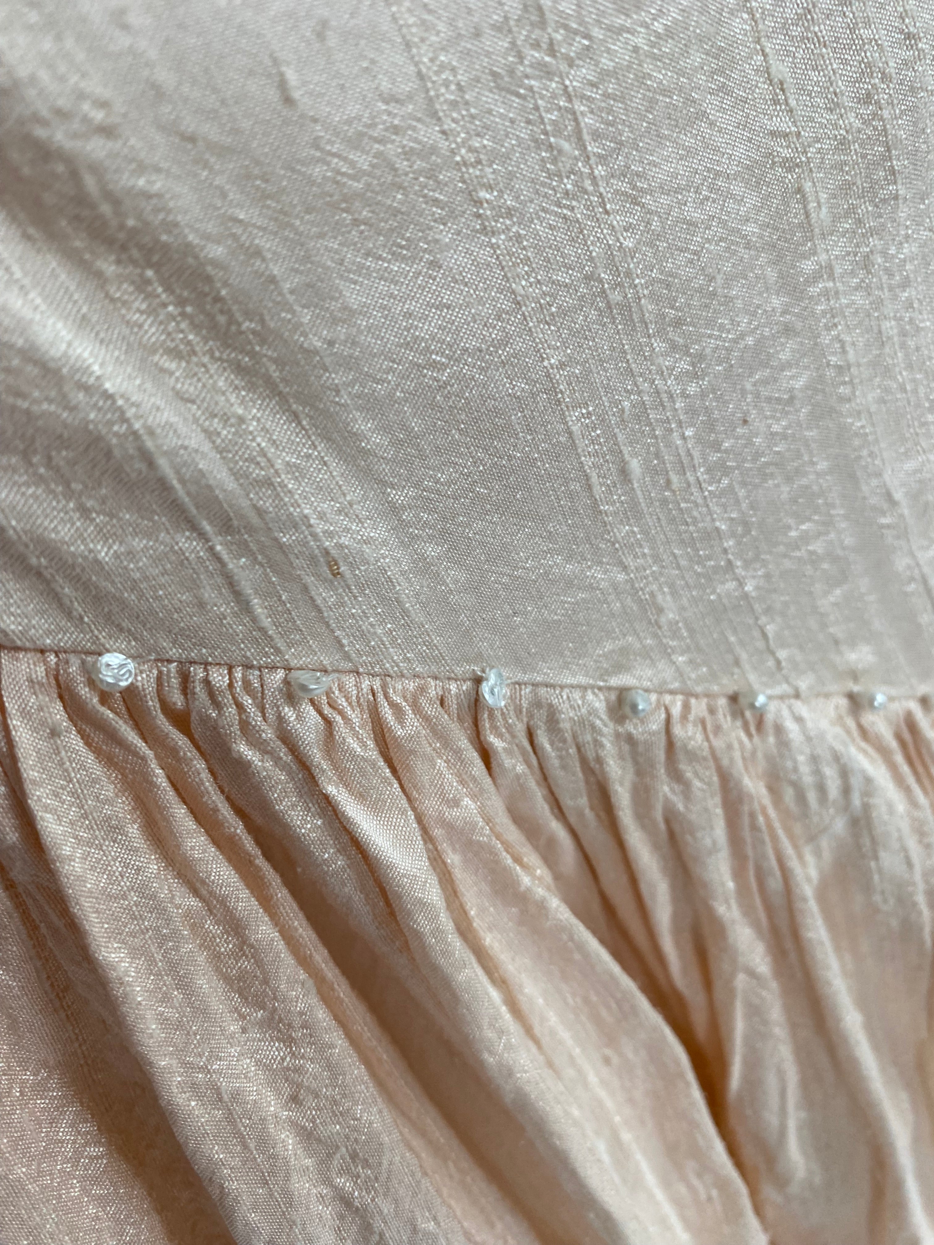 Vintage 1980s Raw Silk Midi Wedding Dress with Off Shoulder Sleeves