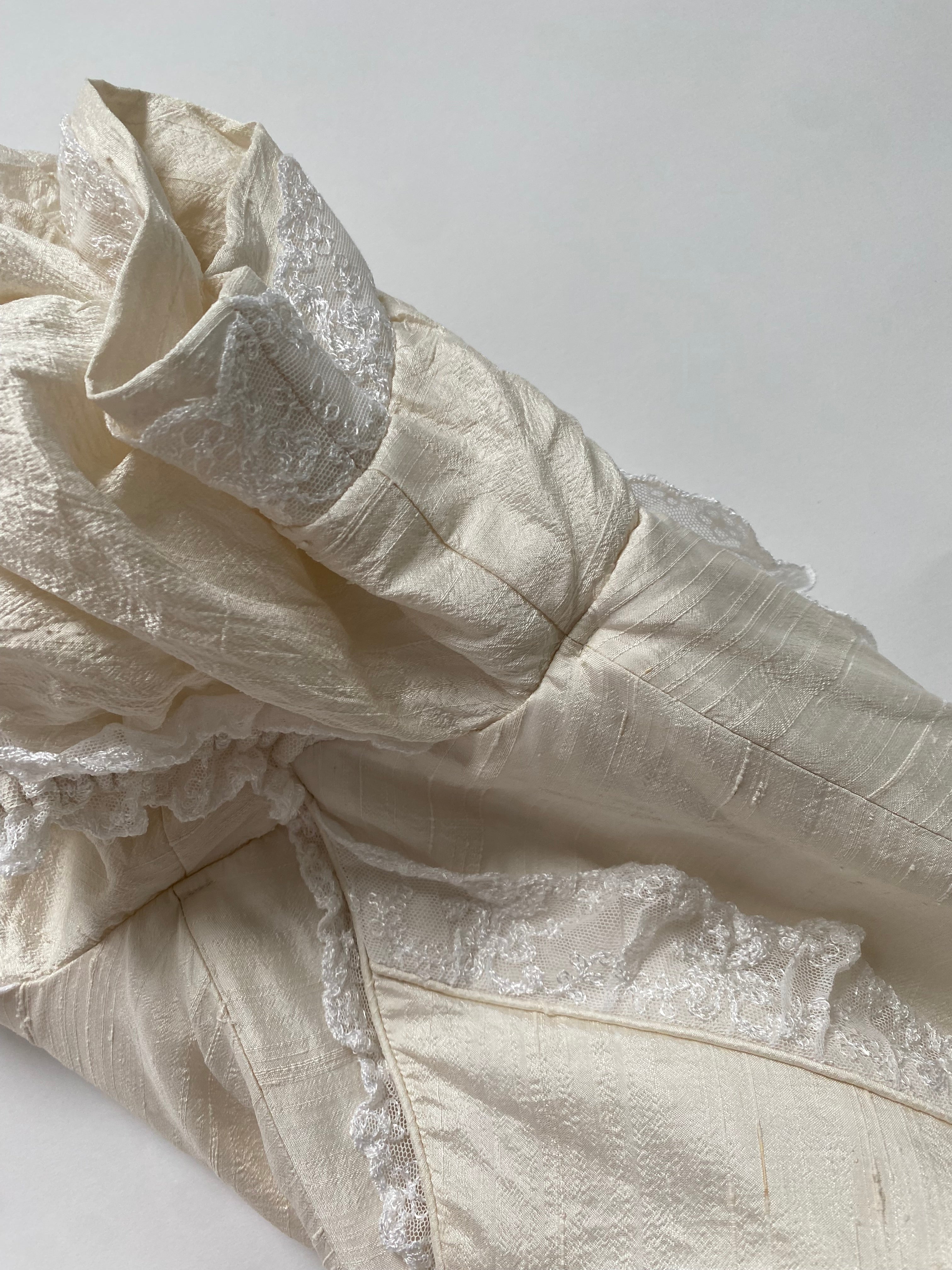 Vintage 90s Raw Silk Puff Sleeve Wedding Dress with Lace Accented Basque Bodice
