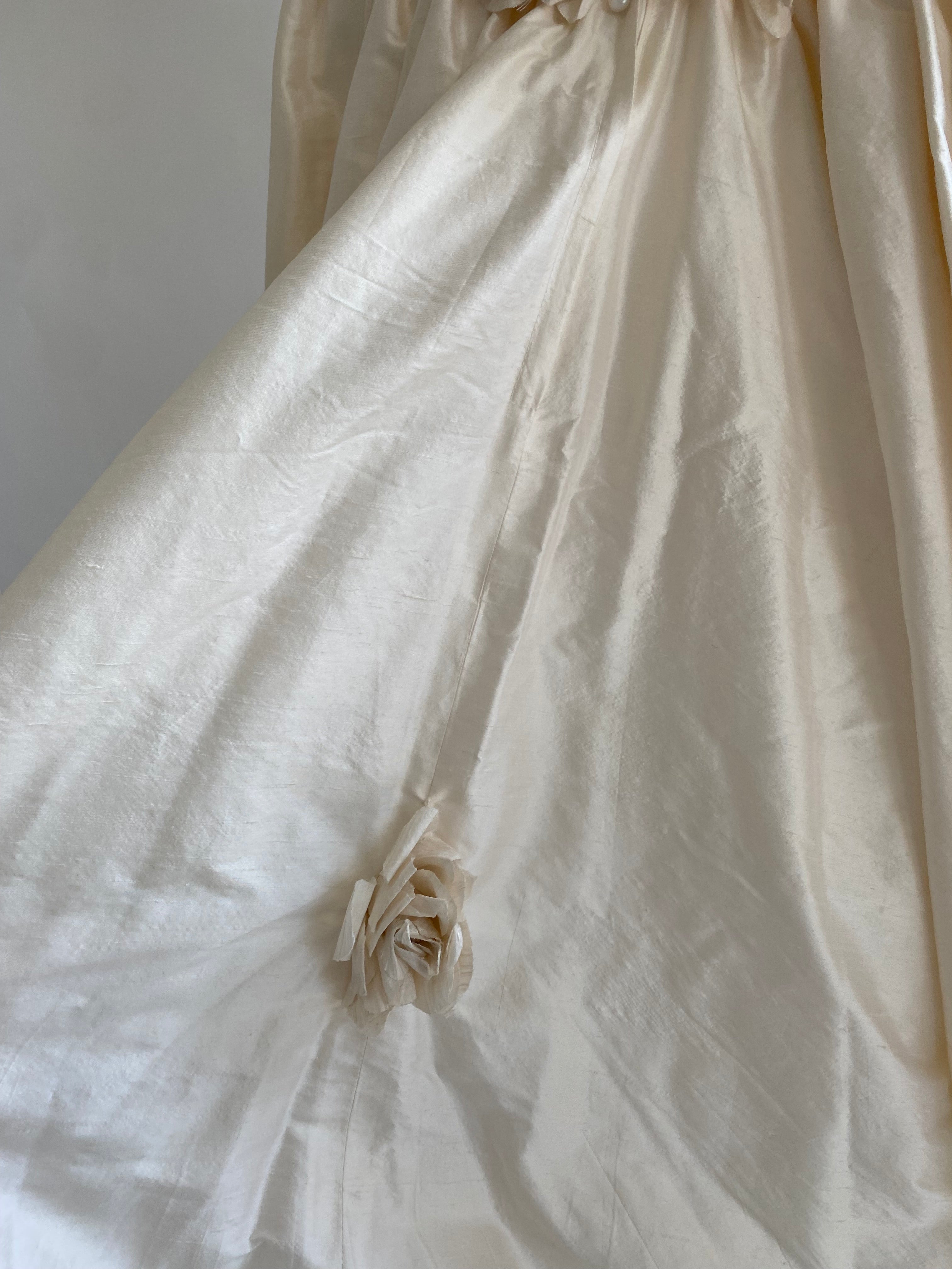 1980s Rose Trimmed Silk Wedding Dress