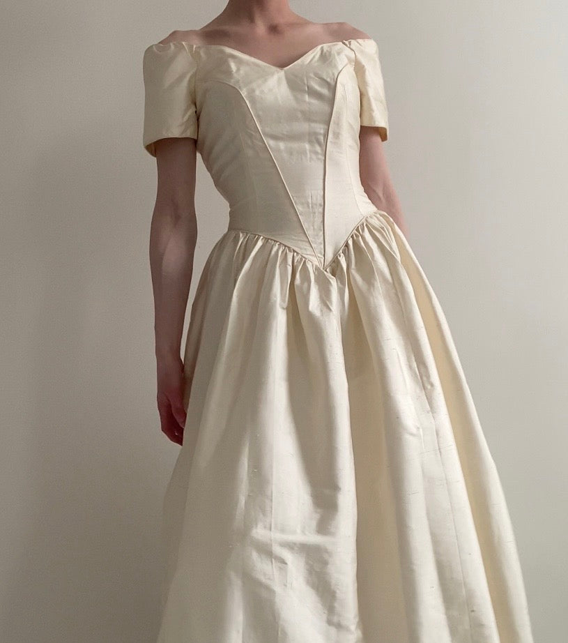 Vintage 90s Silk Off Shoulder Wedding Dress