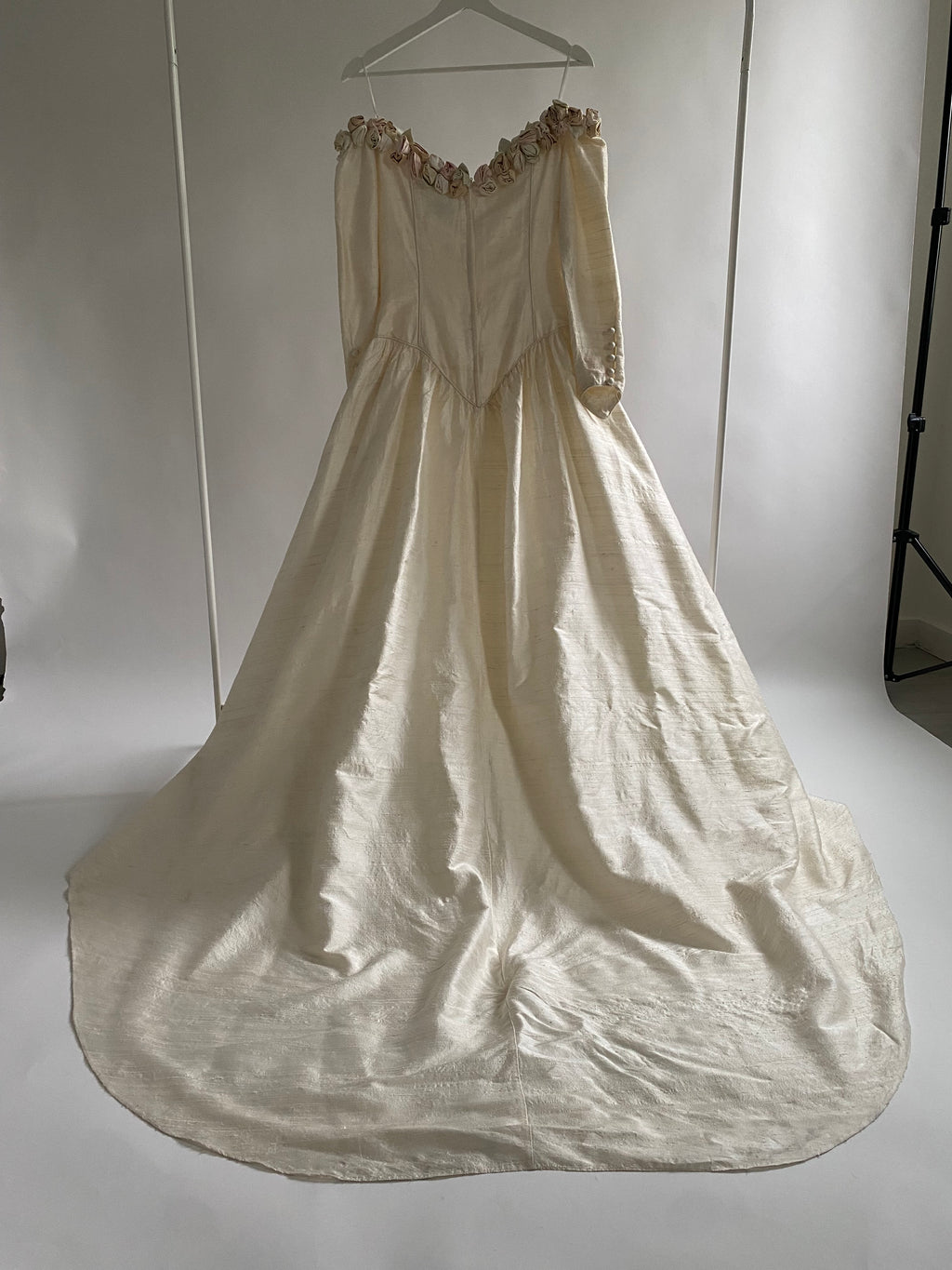 Vintage Rosette Off Shoulder Raw Silk Wedding Dress