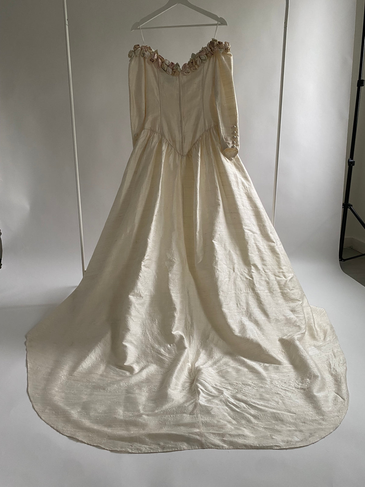 Vintage Rosette Off Shoulder Raw Silk Wedding Dress