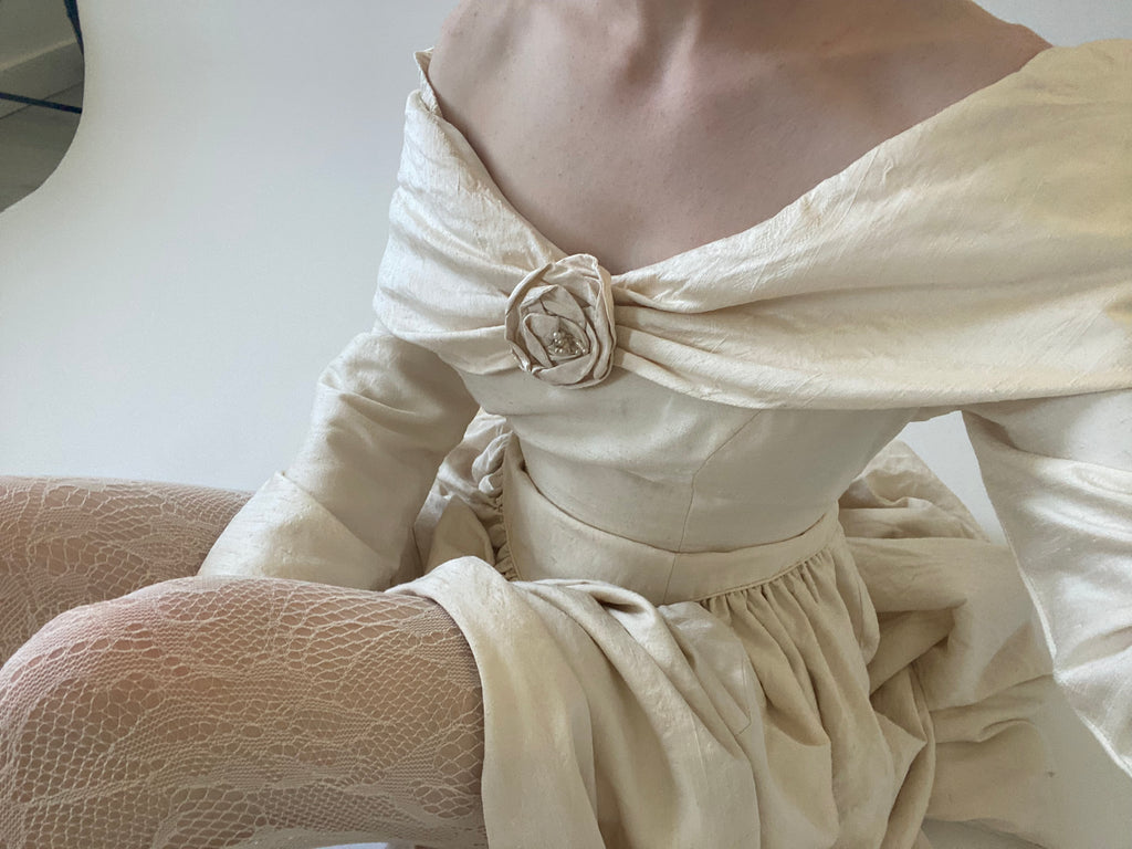 Vintage Silk Midi Off Shoulder Wedding Dress