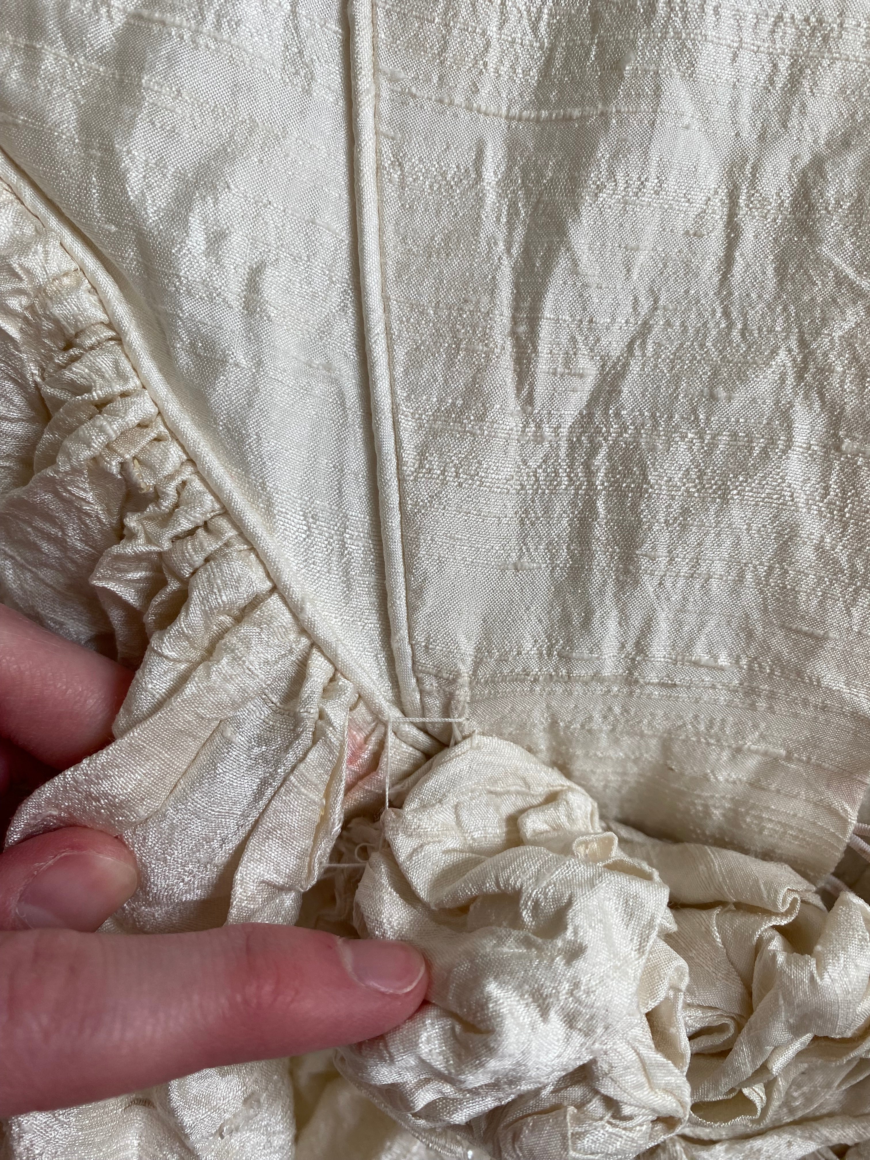 1980s Raw Silk Wedding Dress with Rosettes and Puff Sleeves