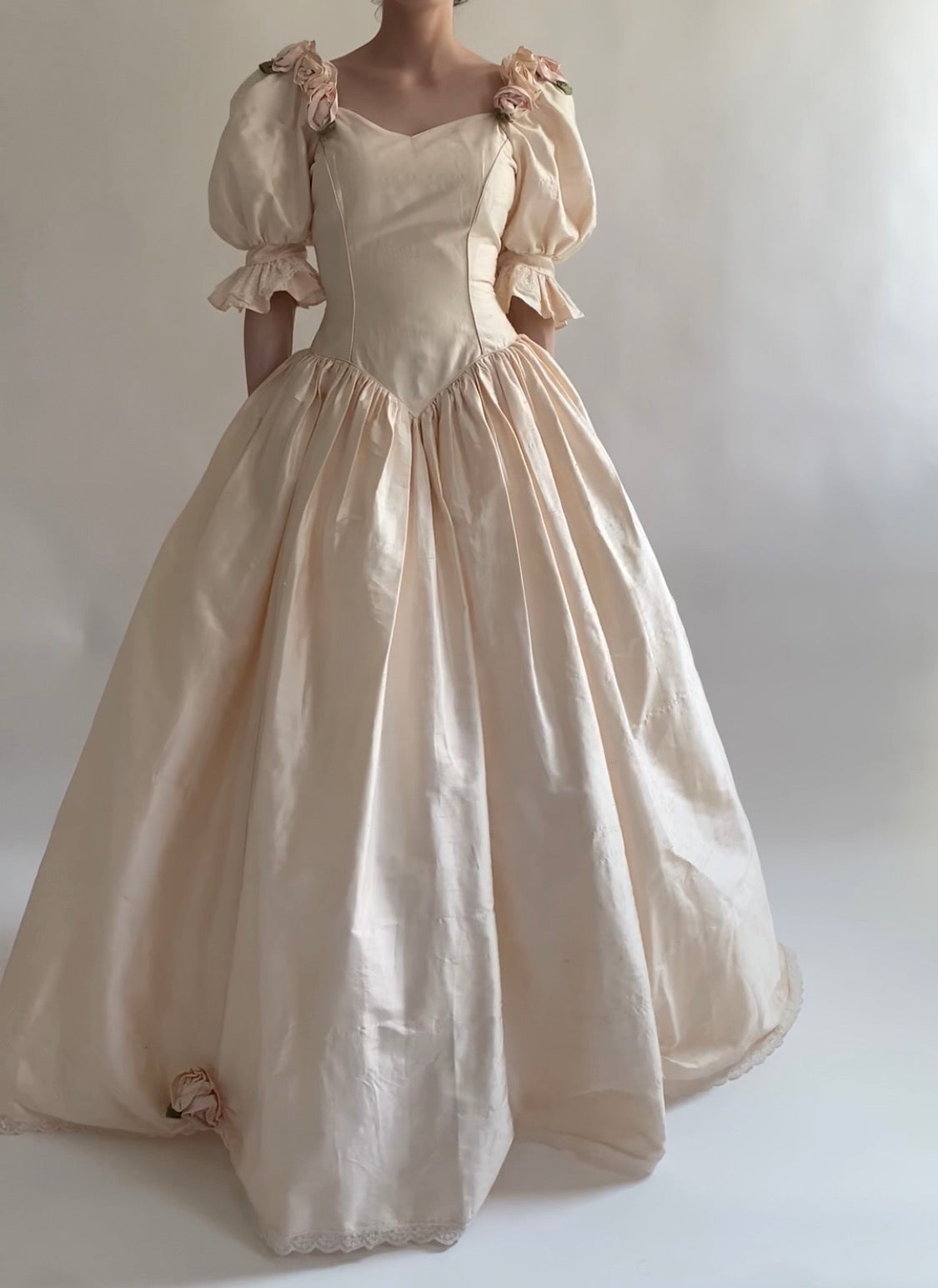 1980s Raw Silk Rosette Wedding Gown