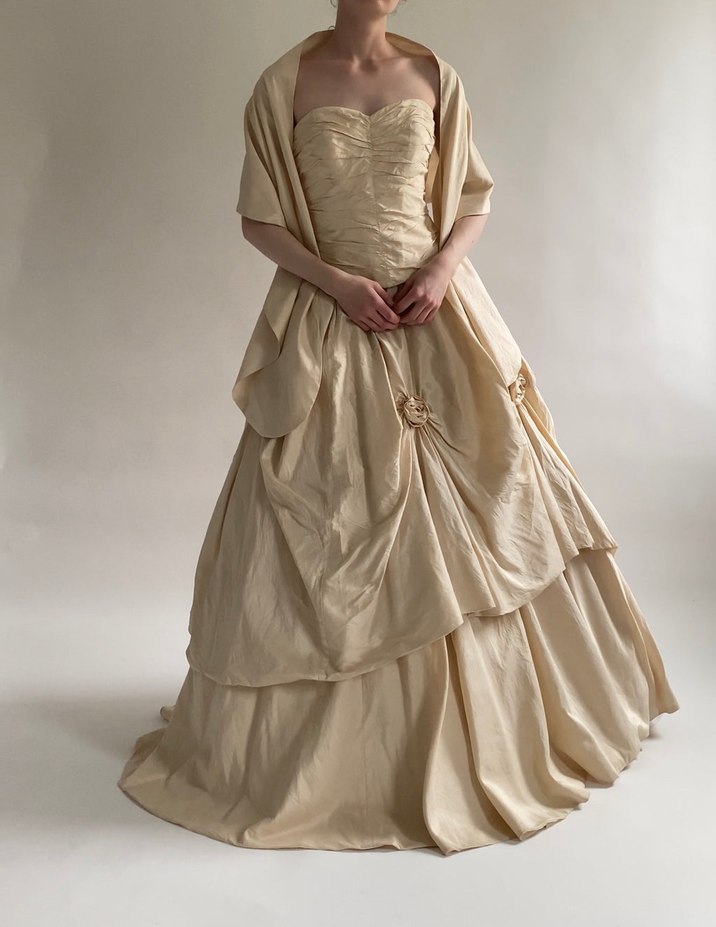 90s Silk 3-piece Wedding Dress Set Corset and Skirt with Rosettes