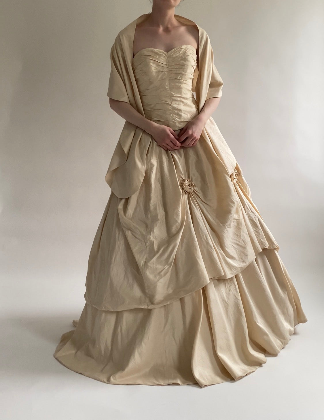 90s Silk 3-piece Wedding Dress Set Corset and Skirt with Rosettes