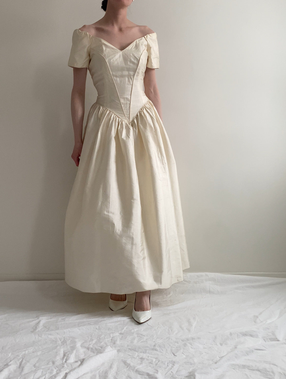 Vintage 90s Silk Off Shoulder Wedding Dress
