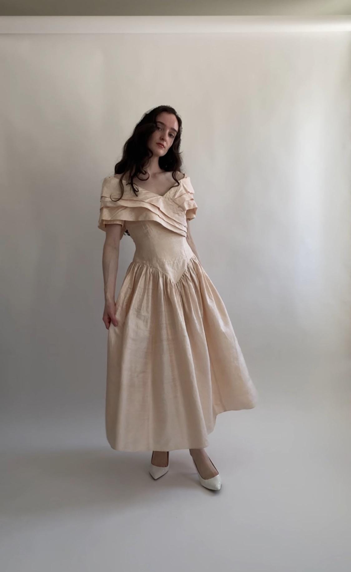 1980s Peach Raw Silk Midi Wedding Gown