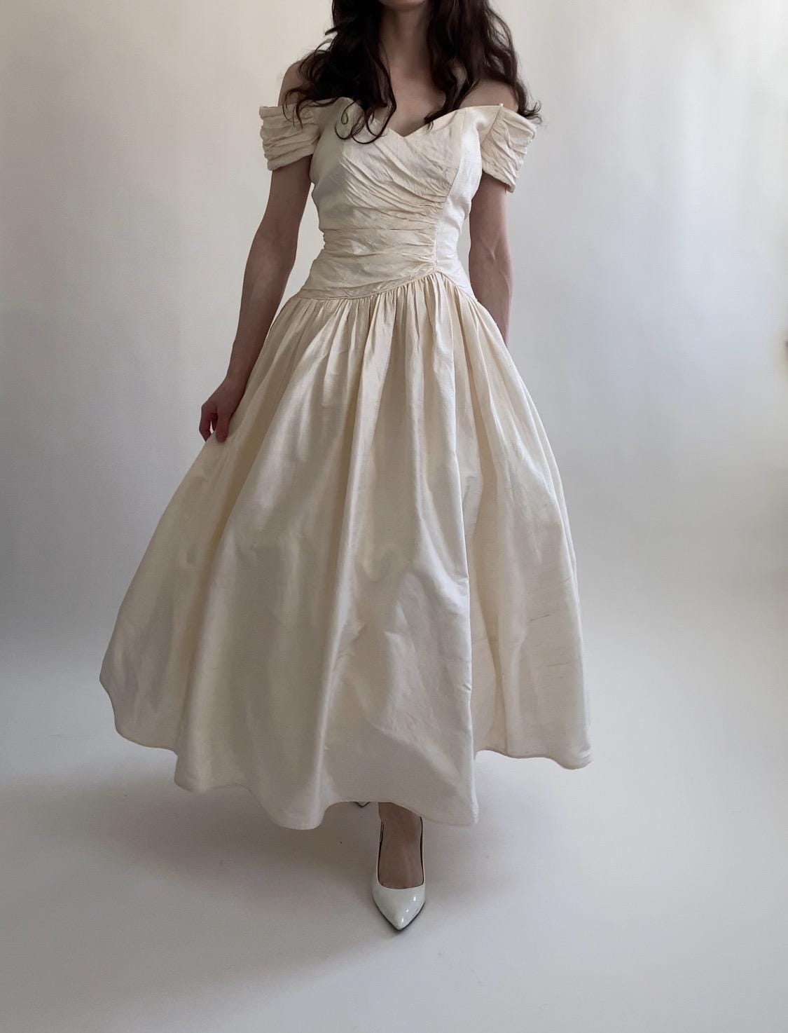 Vintage Raw Silk 1980s Tea Length Wedding Dress