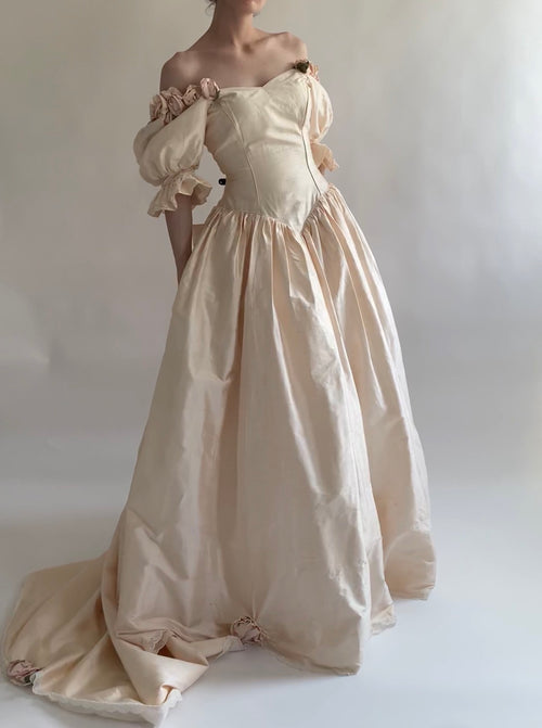 1980s Raw Silk Rosette Wedding Gown
