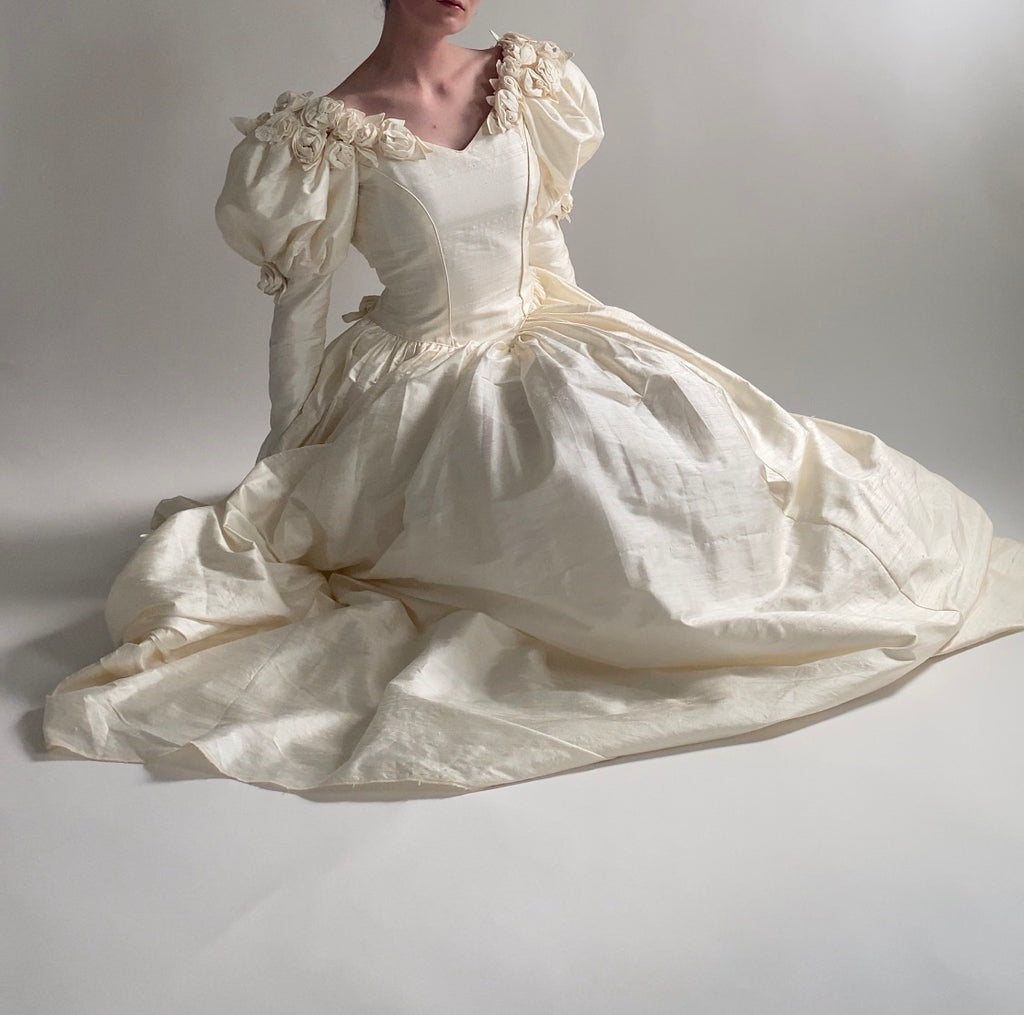 1980s Silk Rosette Wedding Dress