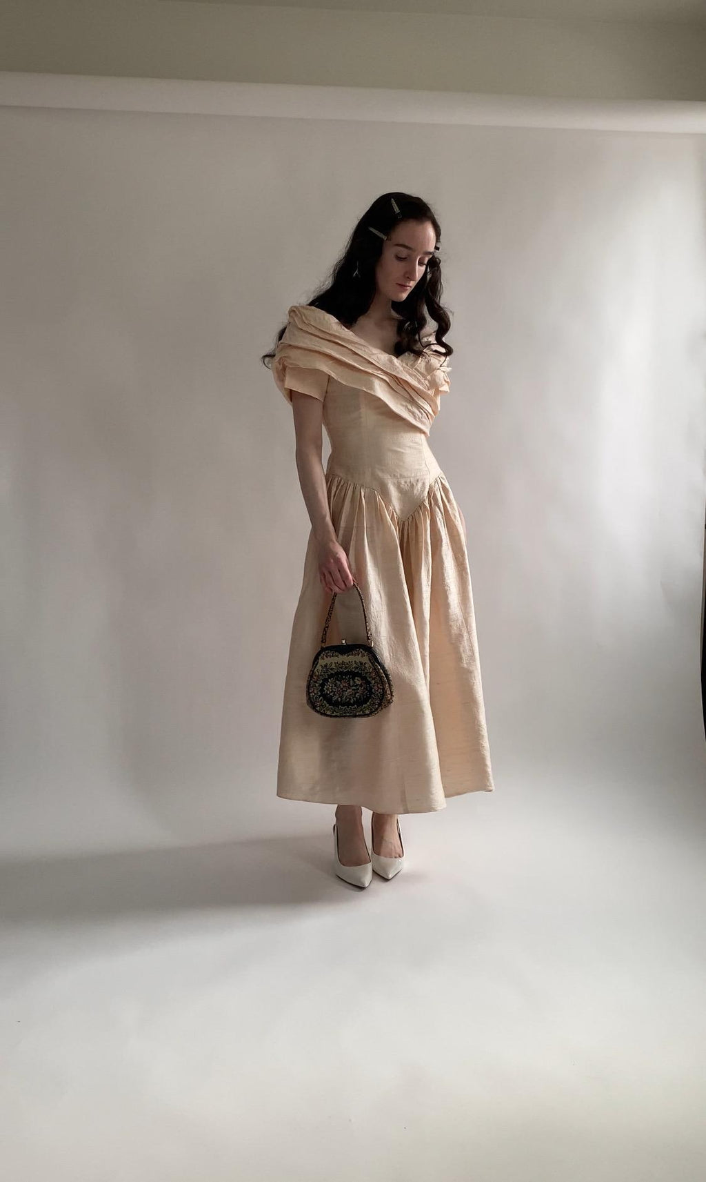1980s Peach Raw Silk Midi Wedding Gown