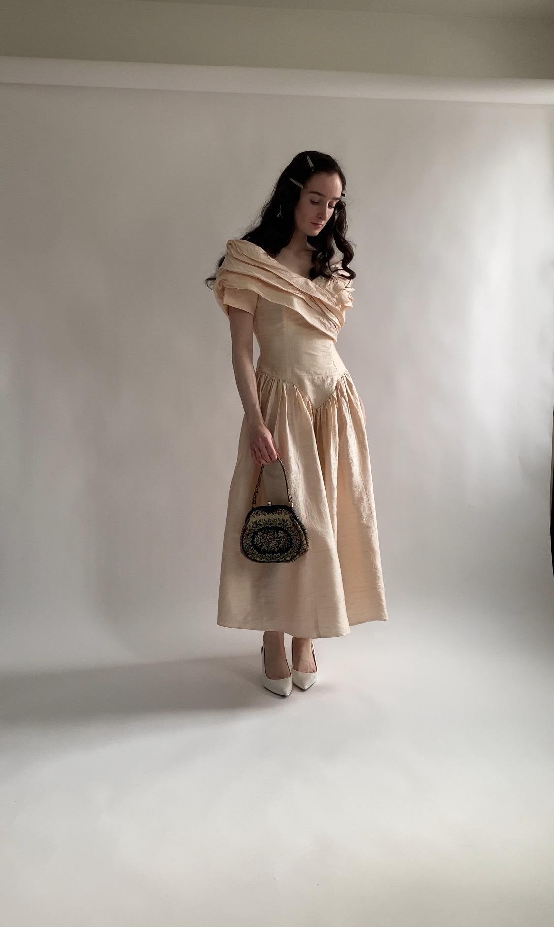 1980s Peach Raw Silk Midi Wedding Gown
