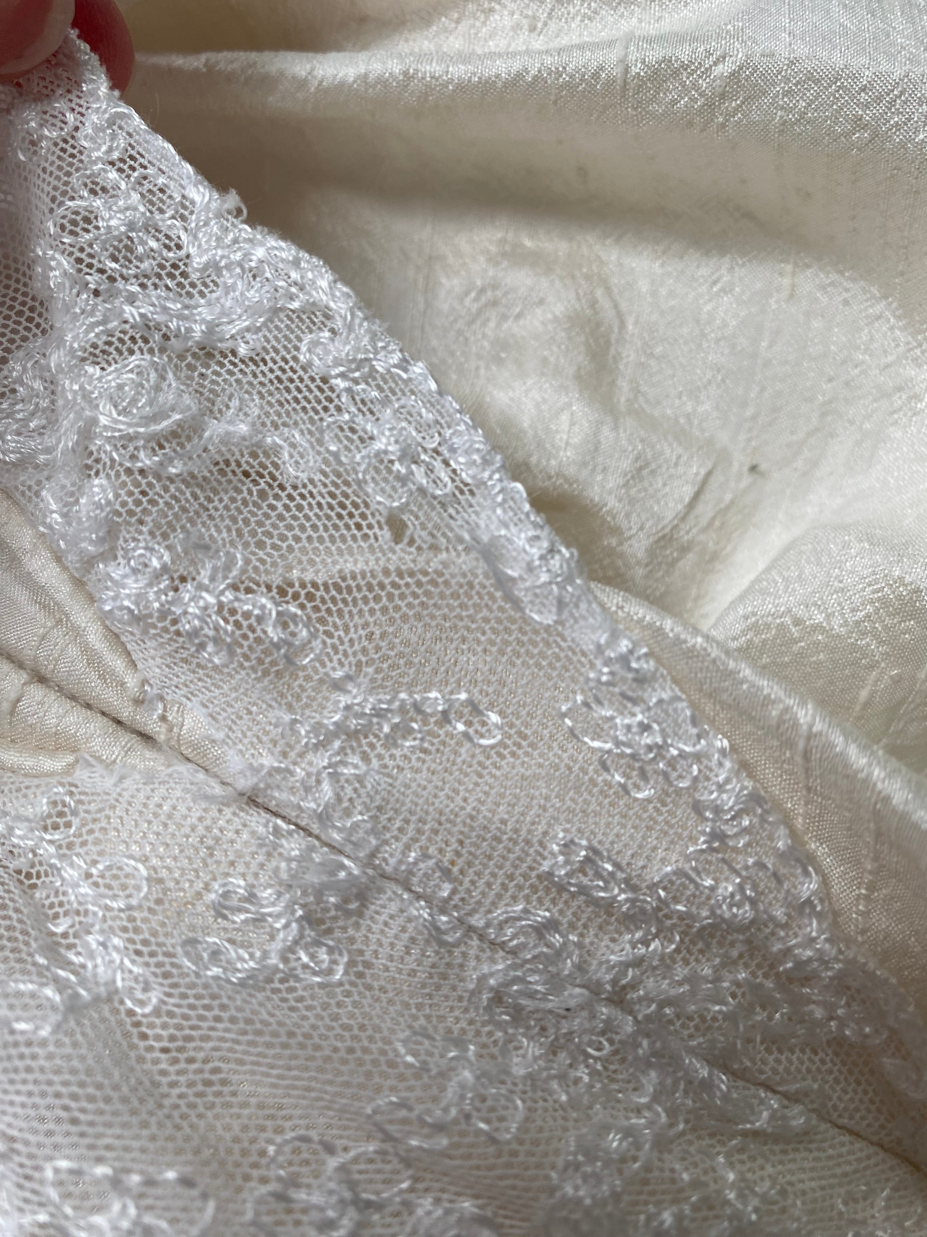 Vintage 90s Raw Silk Puff Sleeve Wedding Dress with Lace Accented Basque Bodice