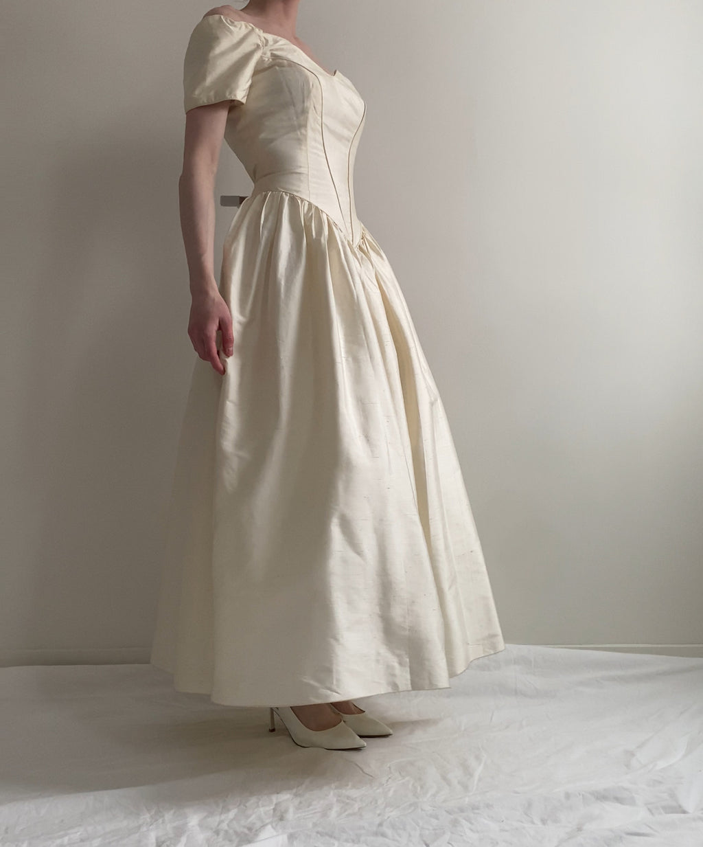 Vintage 90s Silk Off Shoulder Wedding Dress