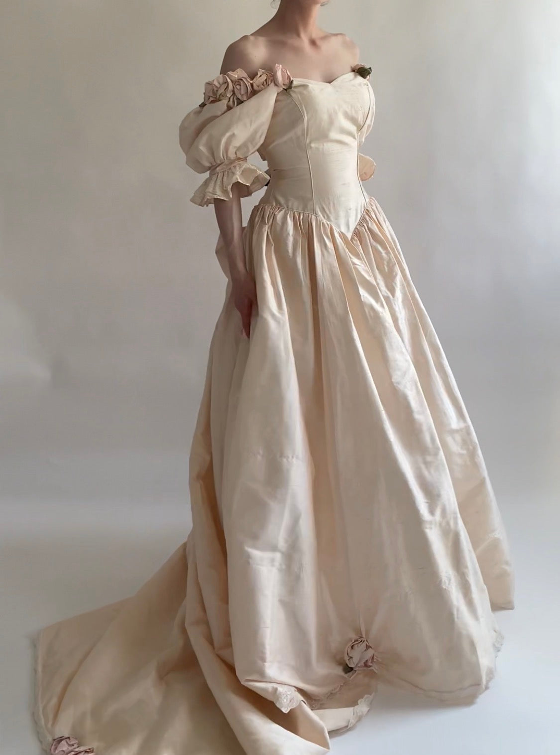 1980s Raw Silk Rosette Wedding Gown