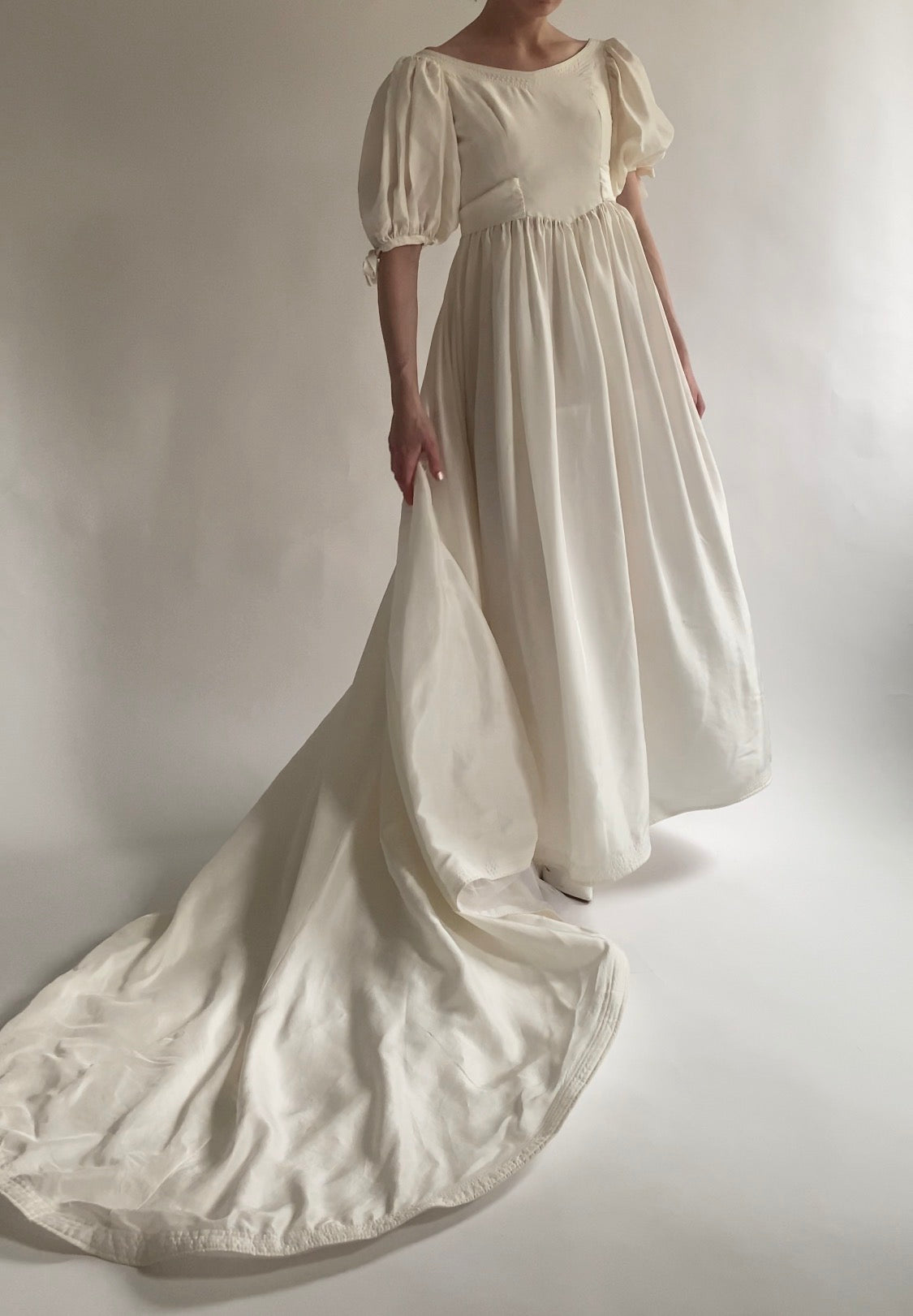 Vintage Silk 1980s Wedding Dress with Puff Sleeves