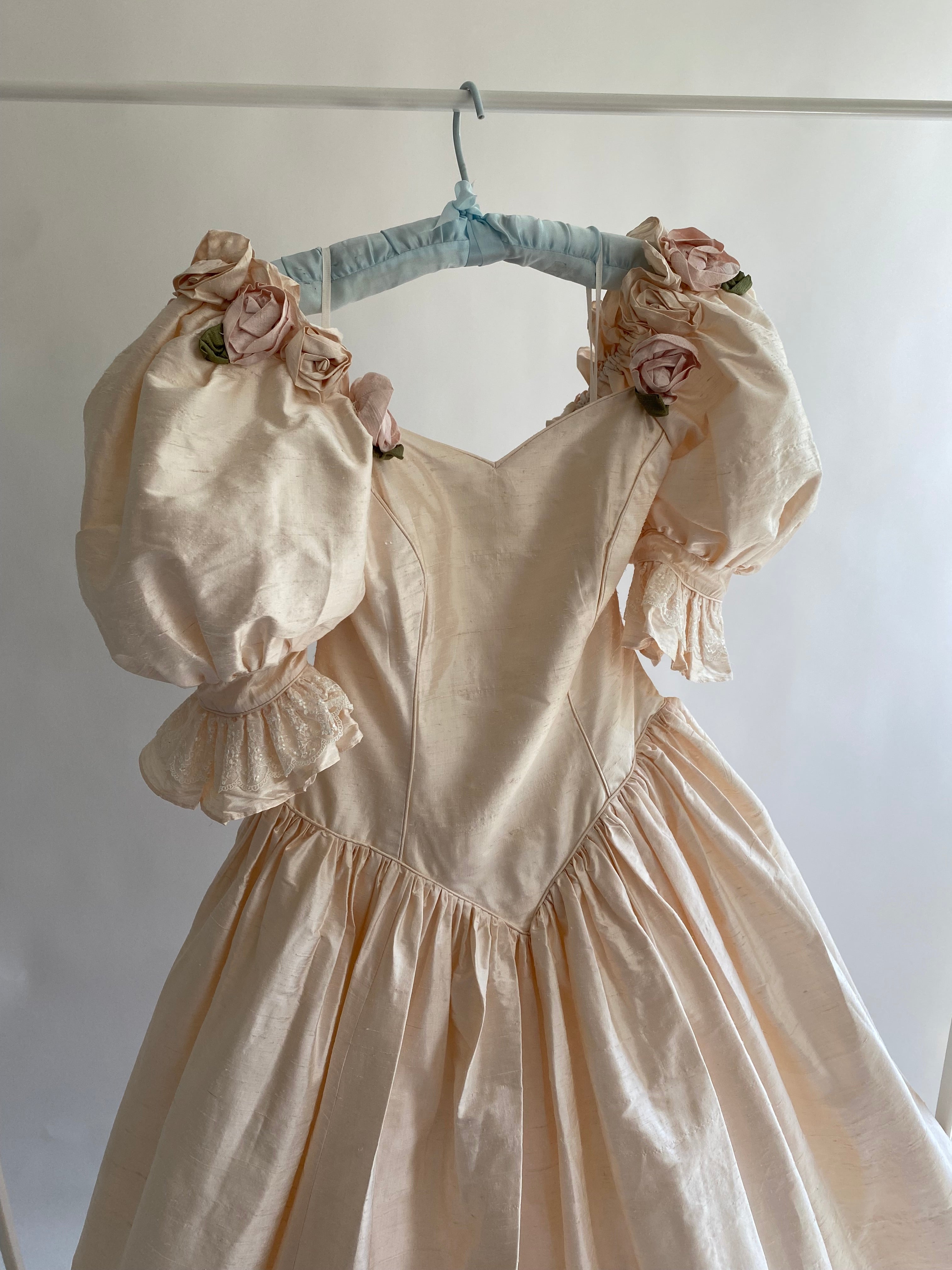 1980s Raw Silk Rosette Wedding Gown