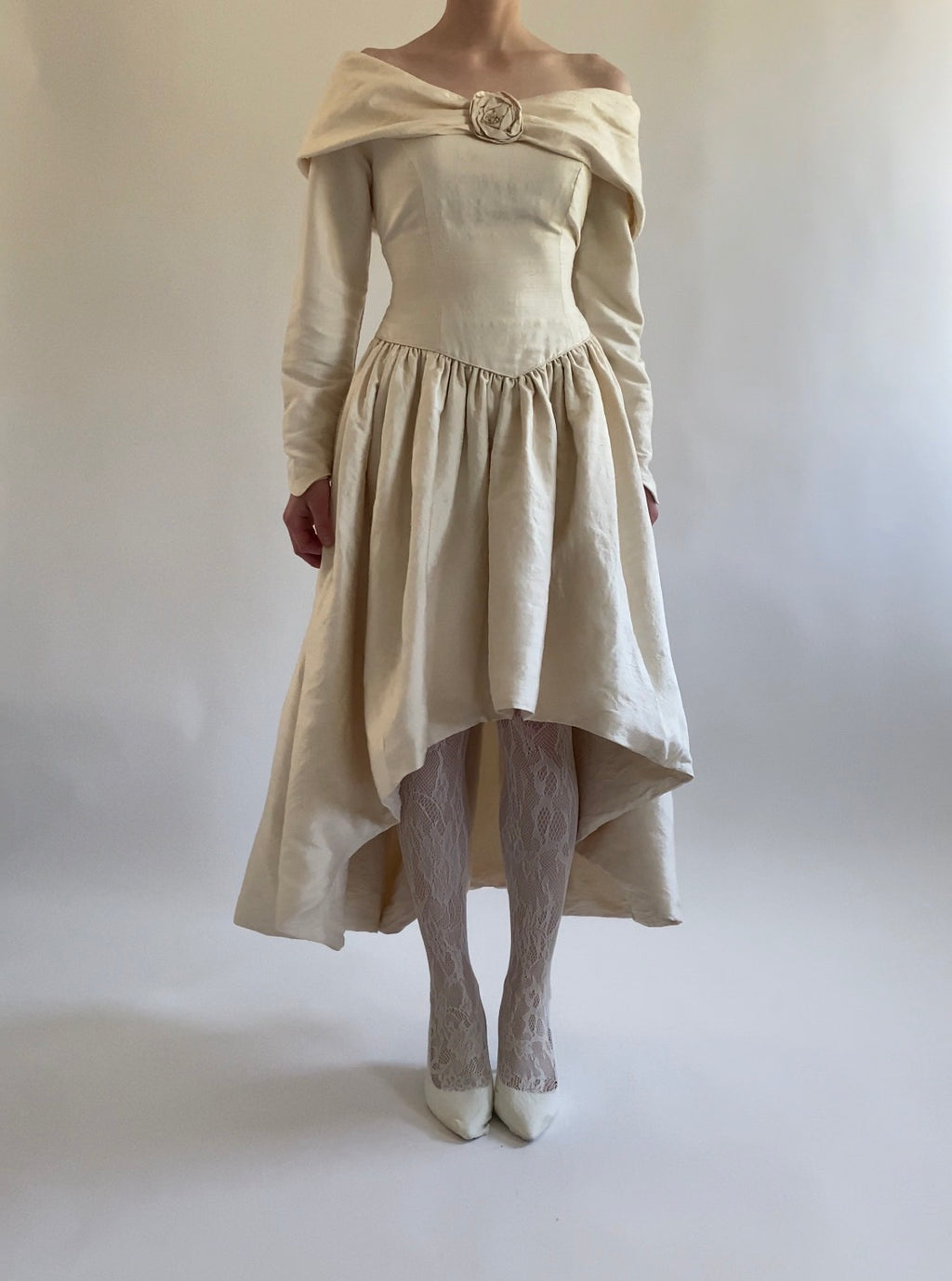 Vintage Silk Midi Off Shoulder Wedding Dress