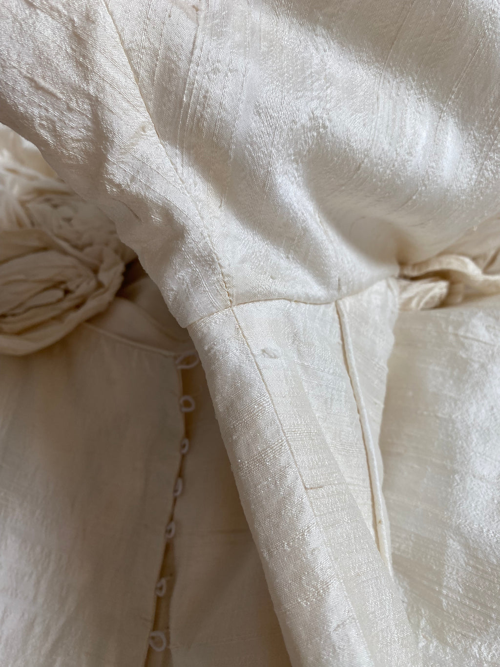 1980s Raw Silk Wedding Dress with Rosettes and Puff Sleeves