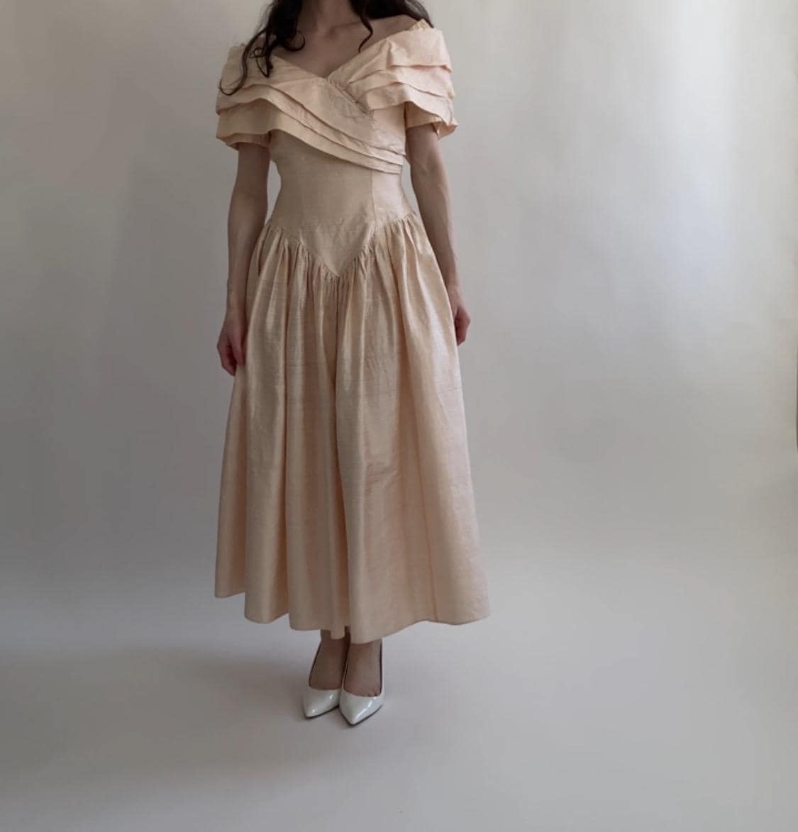 1980s Peach Raw Silk Midi Wedding Gown
