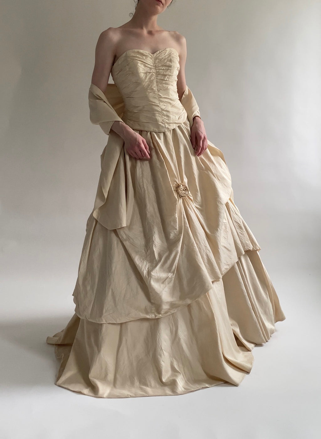 90s Silk 3-piece Wedding Dress Set Corset and Skirt with Rosettes