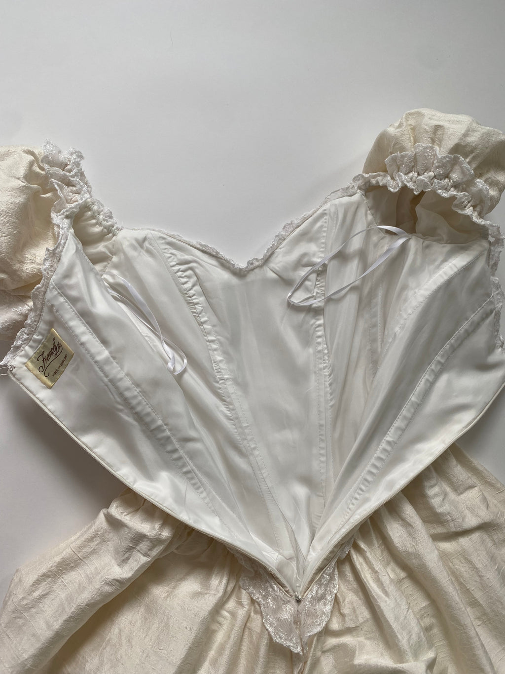 Vintage 90s Raw Silk Puff Sleeve Wedding Dress with Lace Accented Basque Bodice