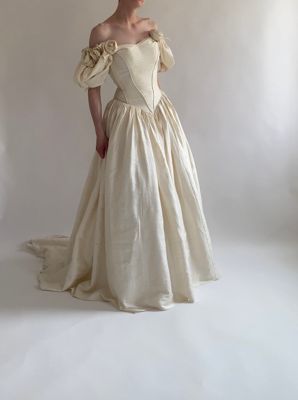 1980s Raw Silk Wedding Dress with Rosettes and Puff Sleeves