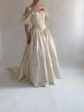 1980s Raw Silk Wedding Dress with Rosettes and Puff Sleeves