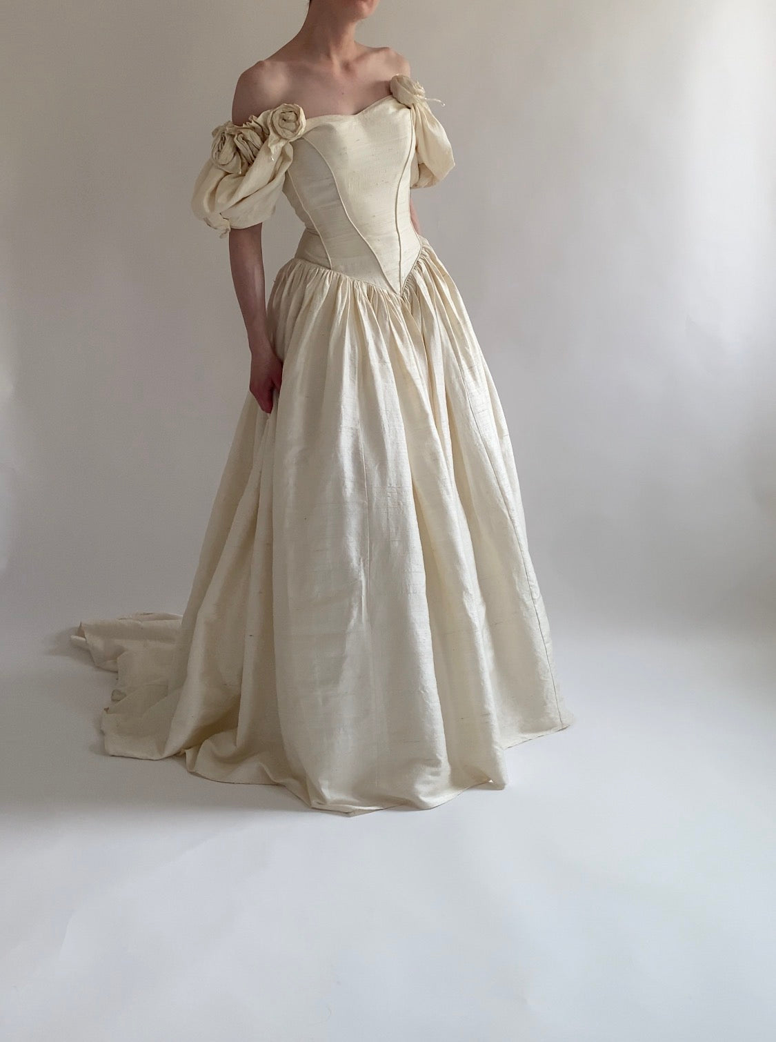 1980s Raw Silk Wedding Dress with Rosettes and Puff Sleeves