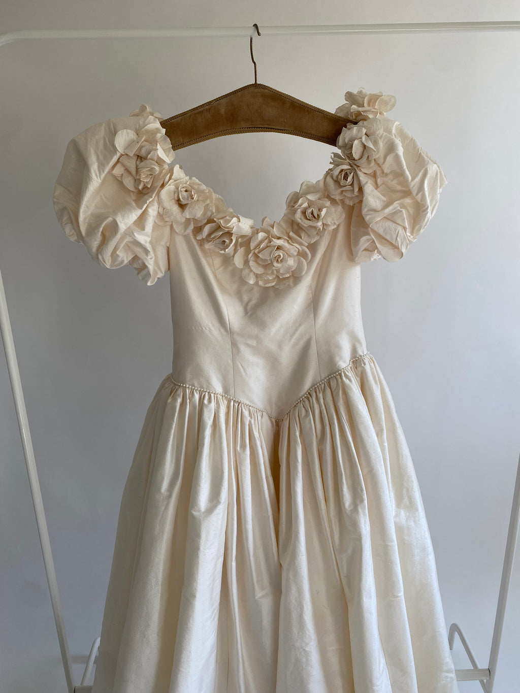 1980s Rose Trimmed Silk Wedding Dress