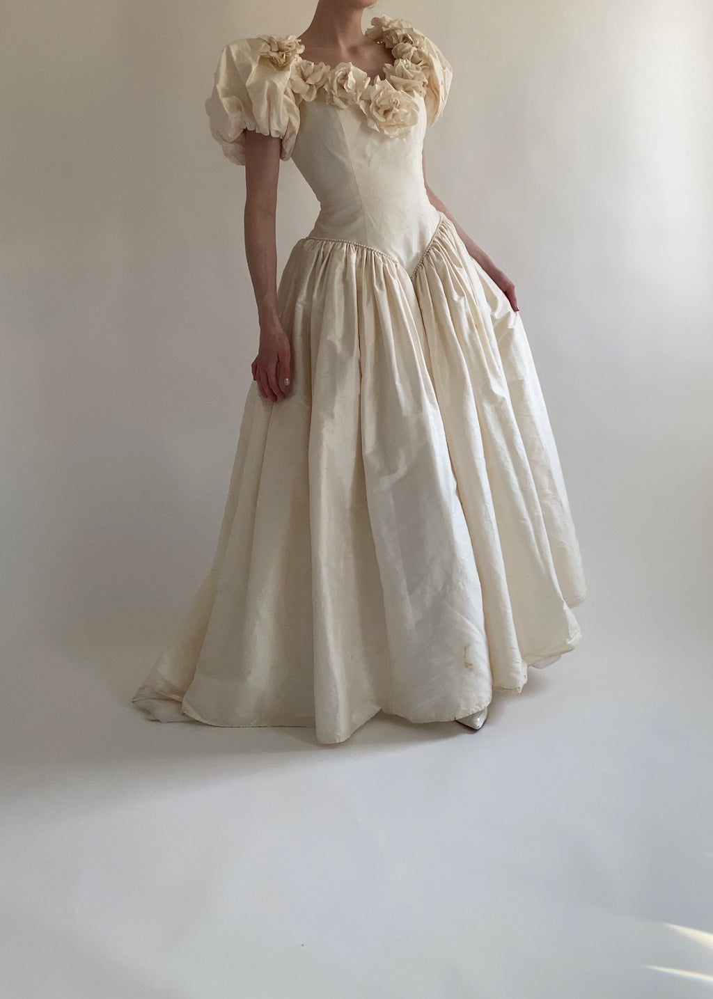 1980s Rose Trimmed Silk Wedding Dress