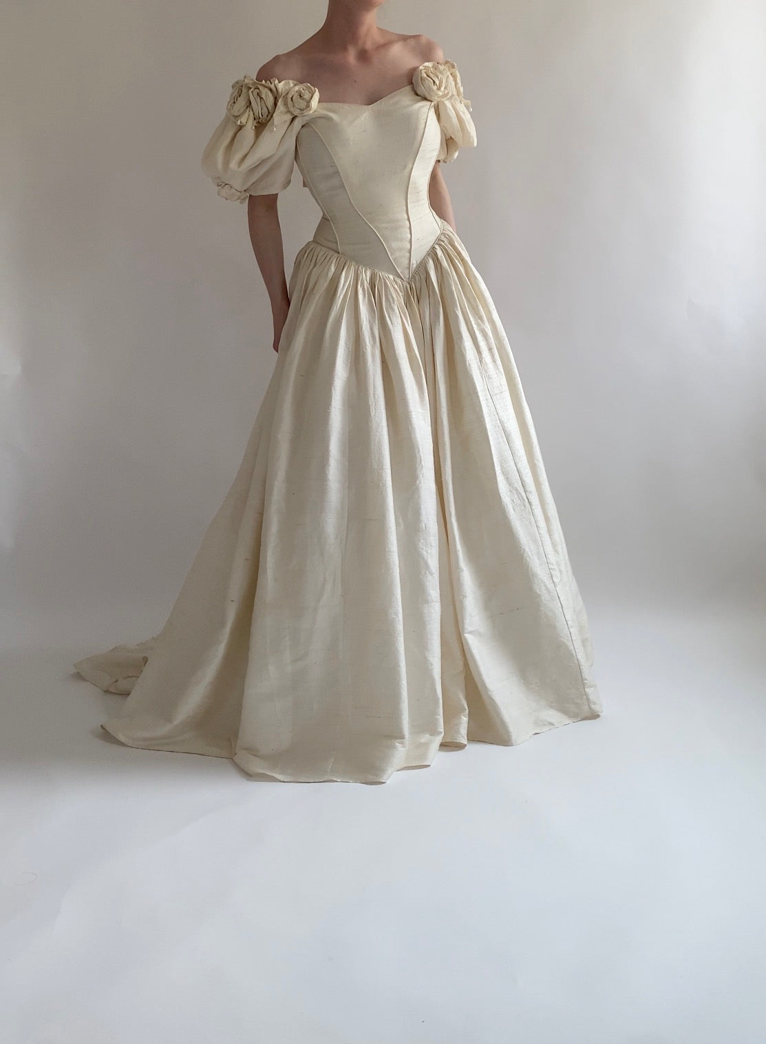 1980s Raw Silk Wedding Dress with Rosettes and Puff Sleeves