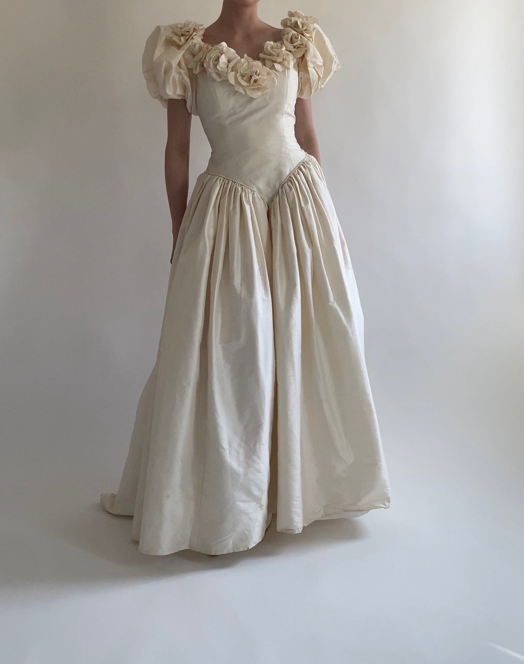 1980s Rose Trimmed Silk Wedding Dress