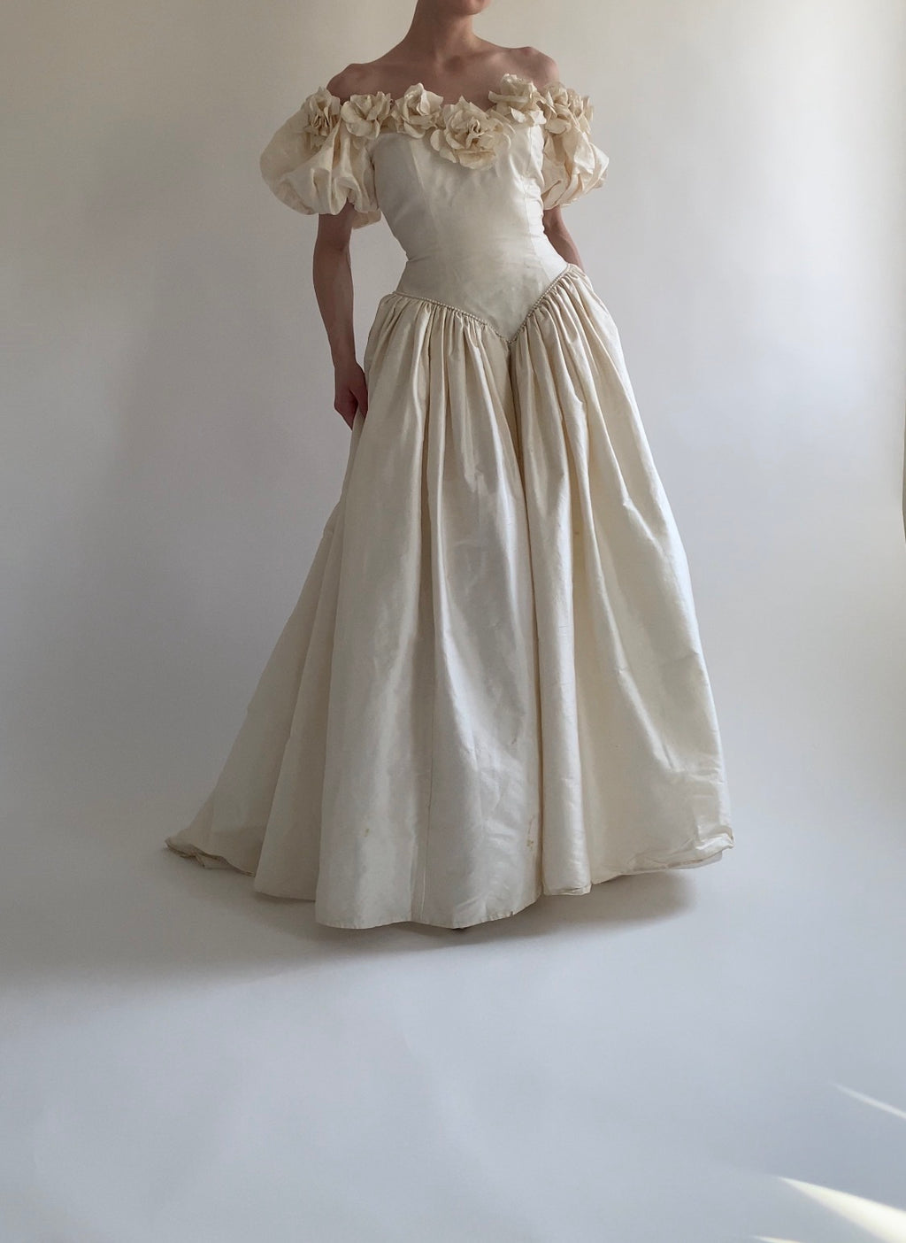 1980s Rose Trimmed Silk Wedding Dress