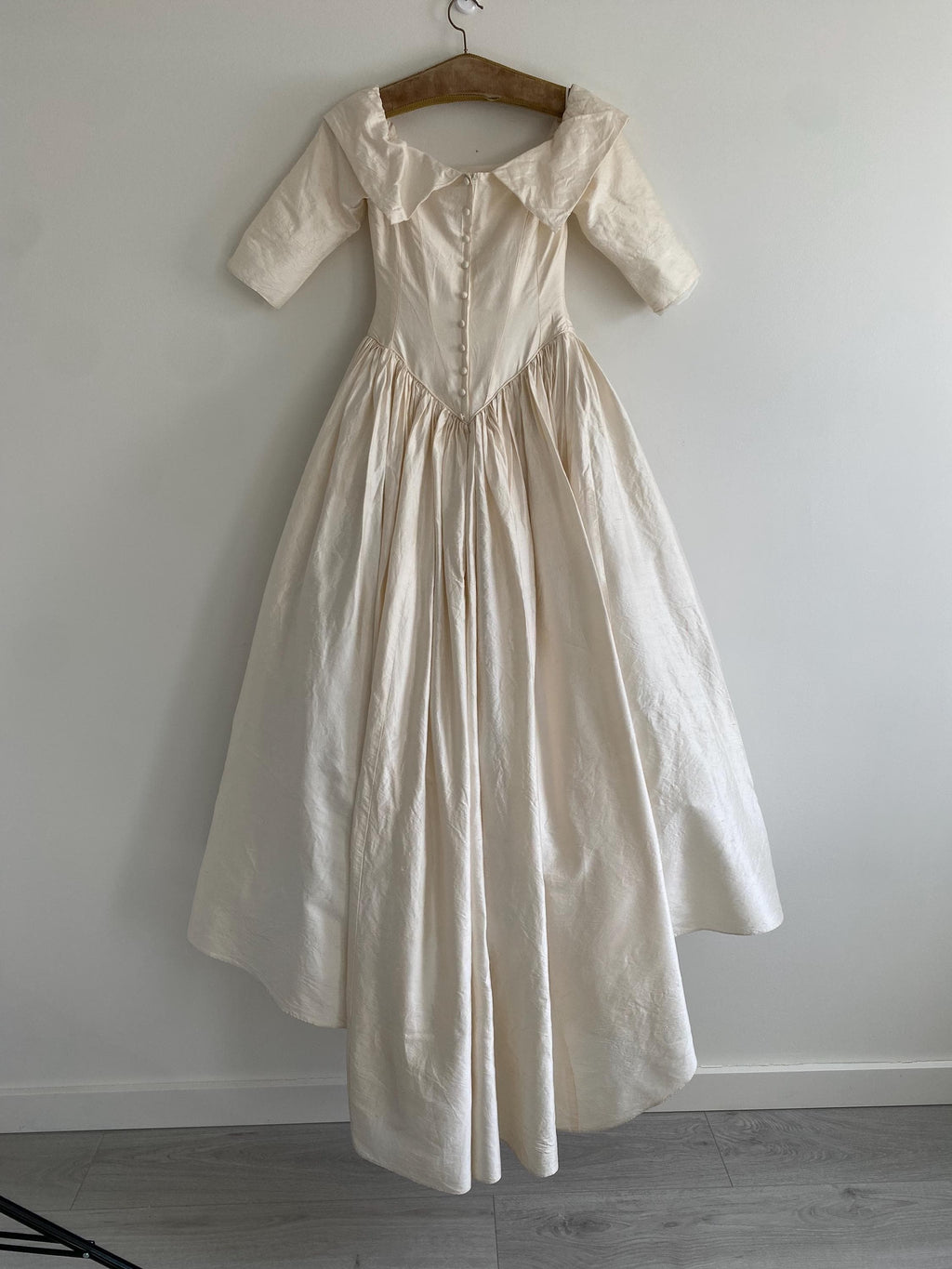90s Raw Silk Off Shoulder Wedding Gown
