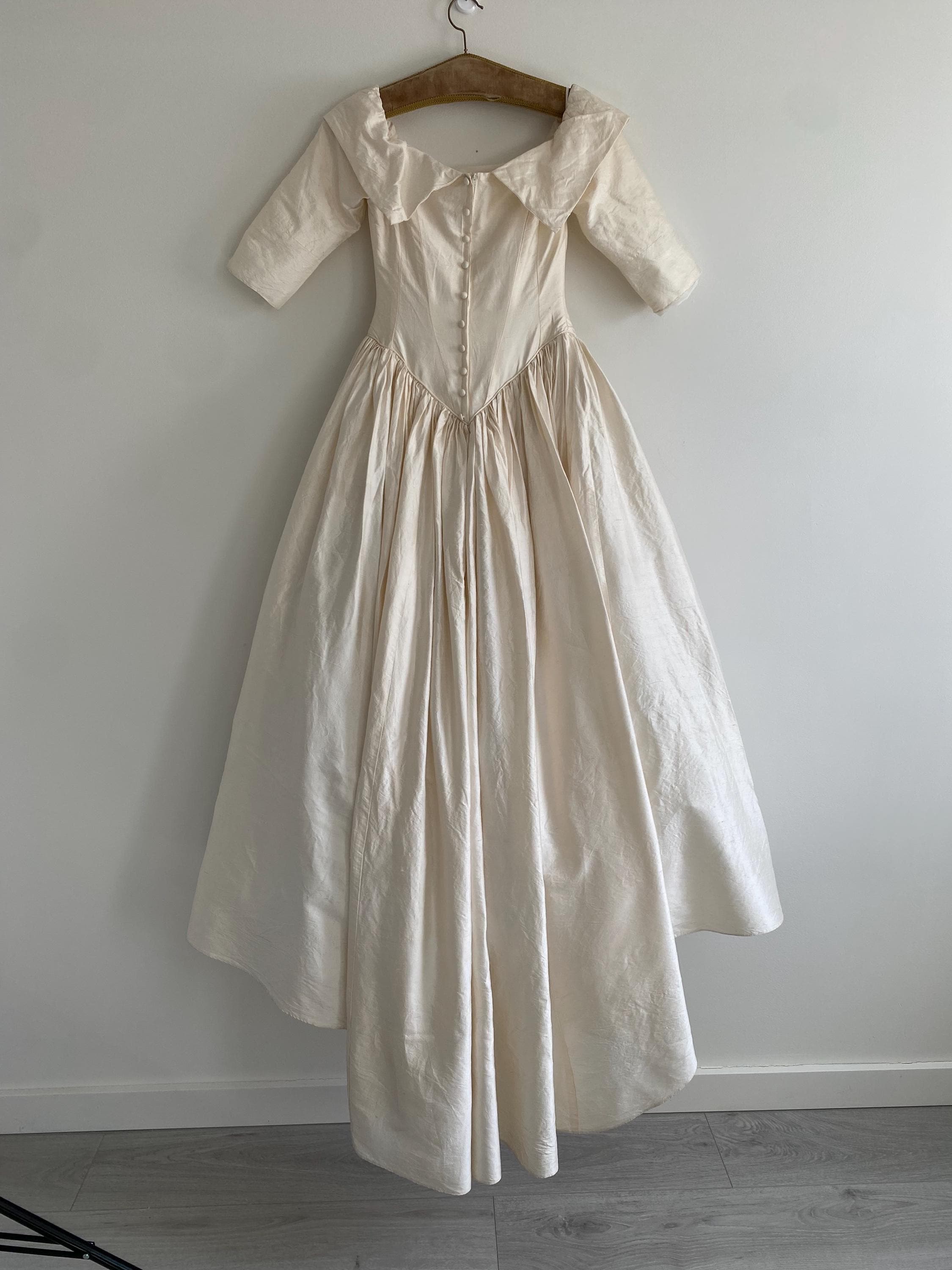 90s Raw Silk Off Shoulder Wedding Gown