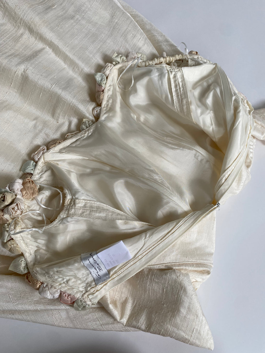 Vintage Rosette Off Shoulder Raw Silk Wedding Dress