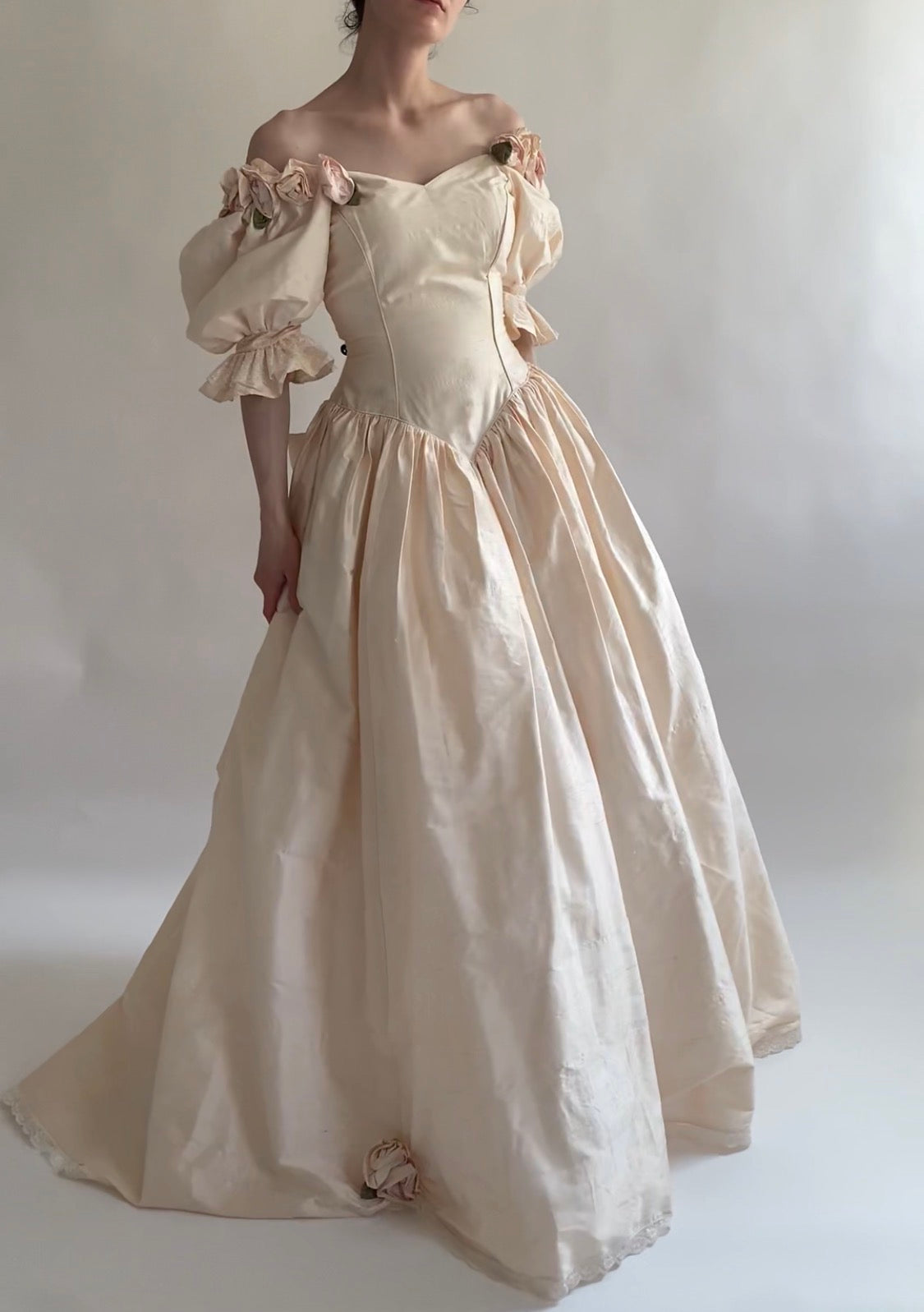 1980s Raw Silk Rosette Wedding Gown