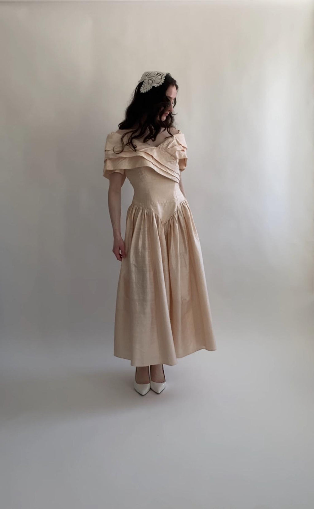 1980s Peach Raw Silk Midi Wedding Gown