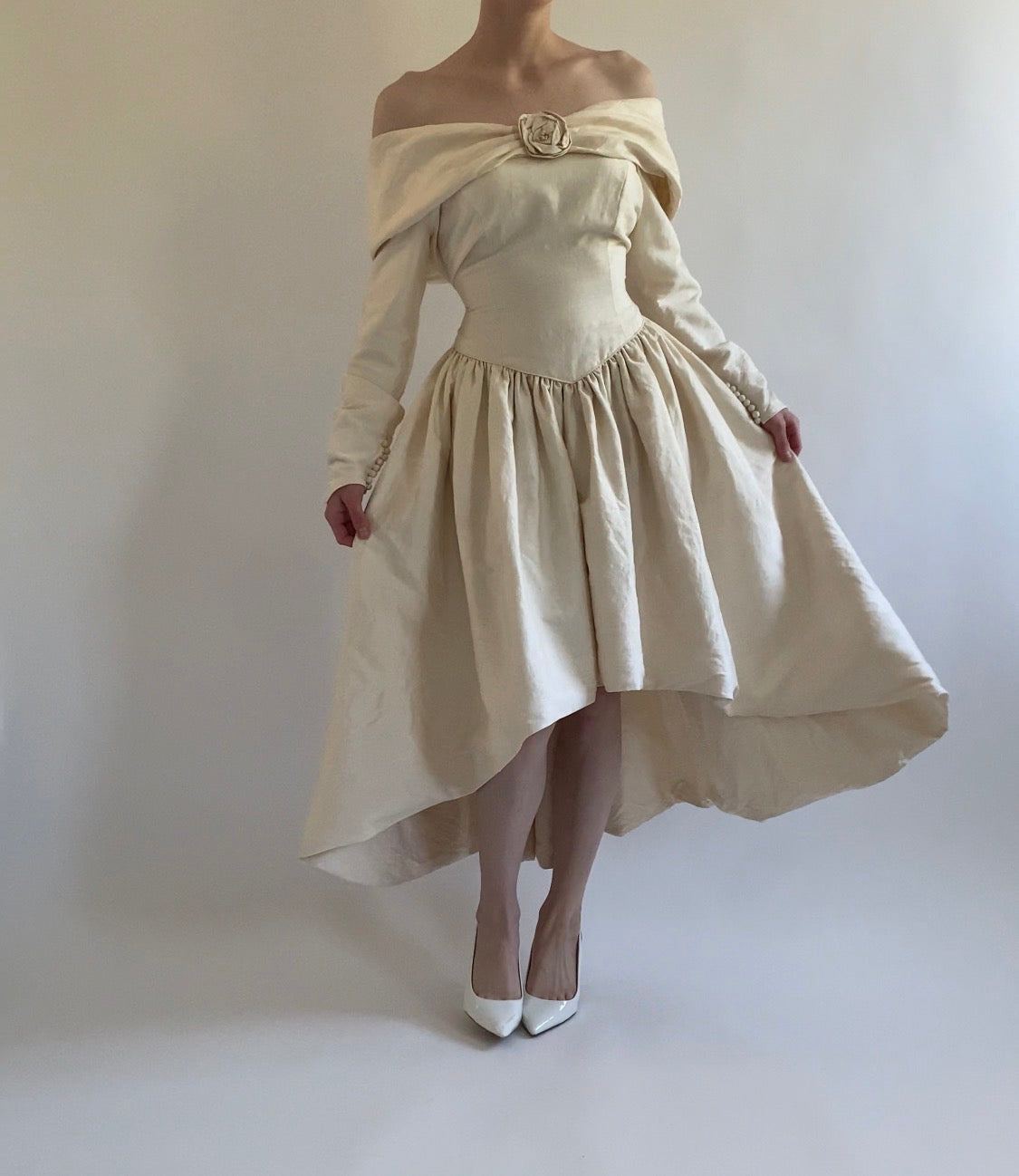 Vintage Silk Midi Off Shoulder Wedding Dress