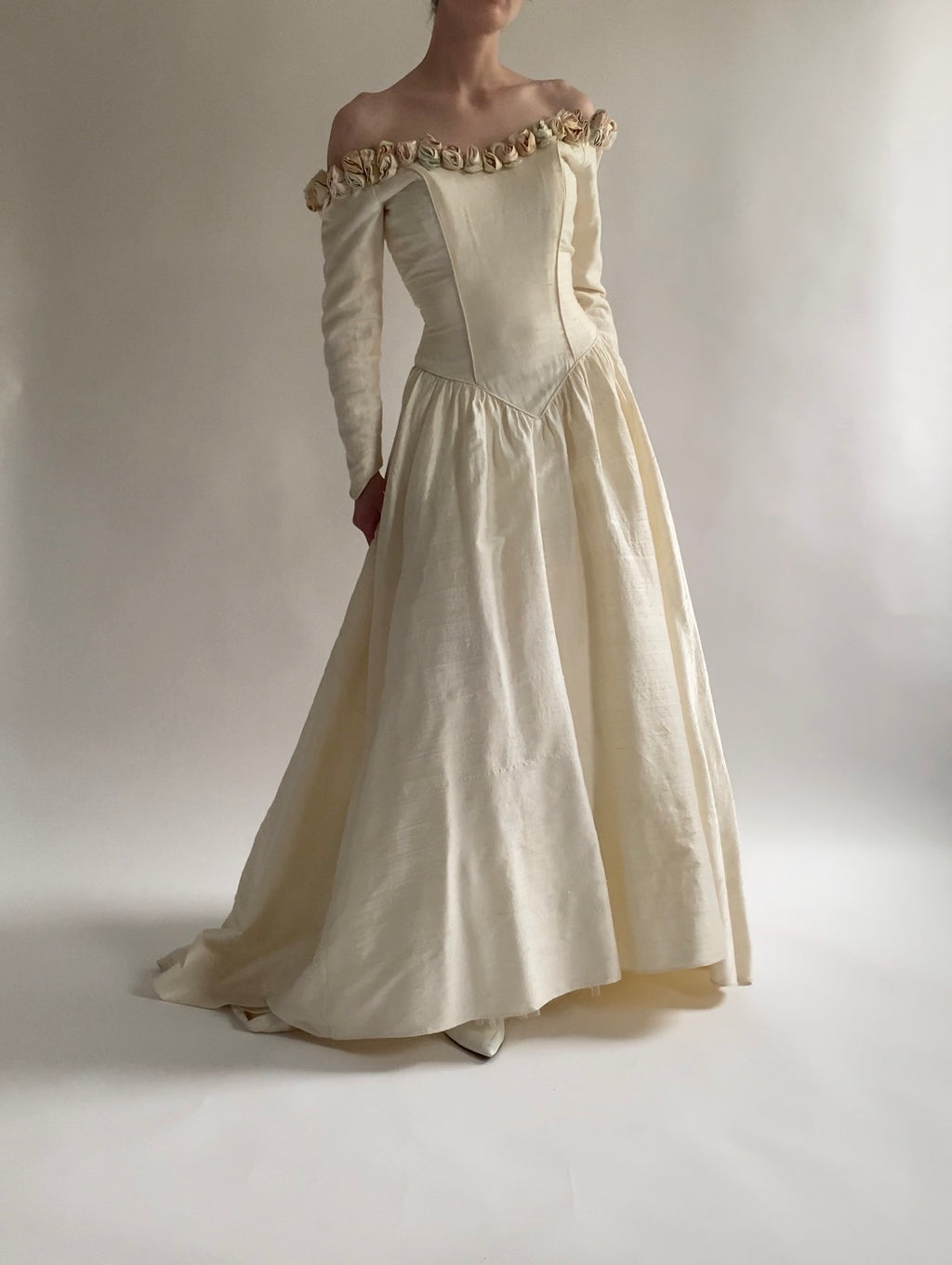 Vintage Rosette Off Shoulder Raw Silk Wedding Dress