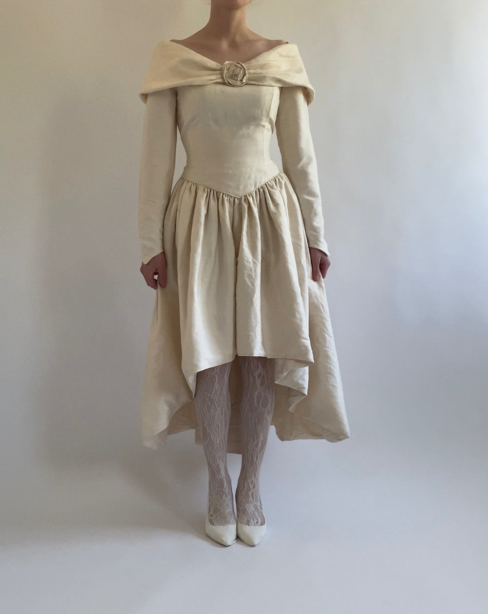 Vintage Silk Midi Off Shoulder Wedding Dress