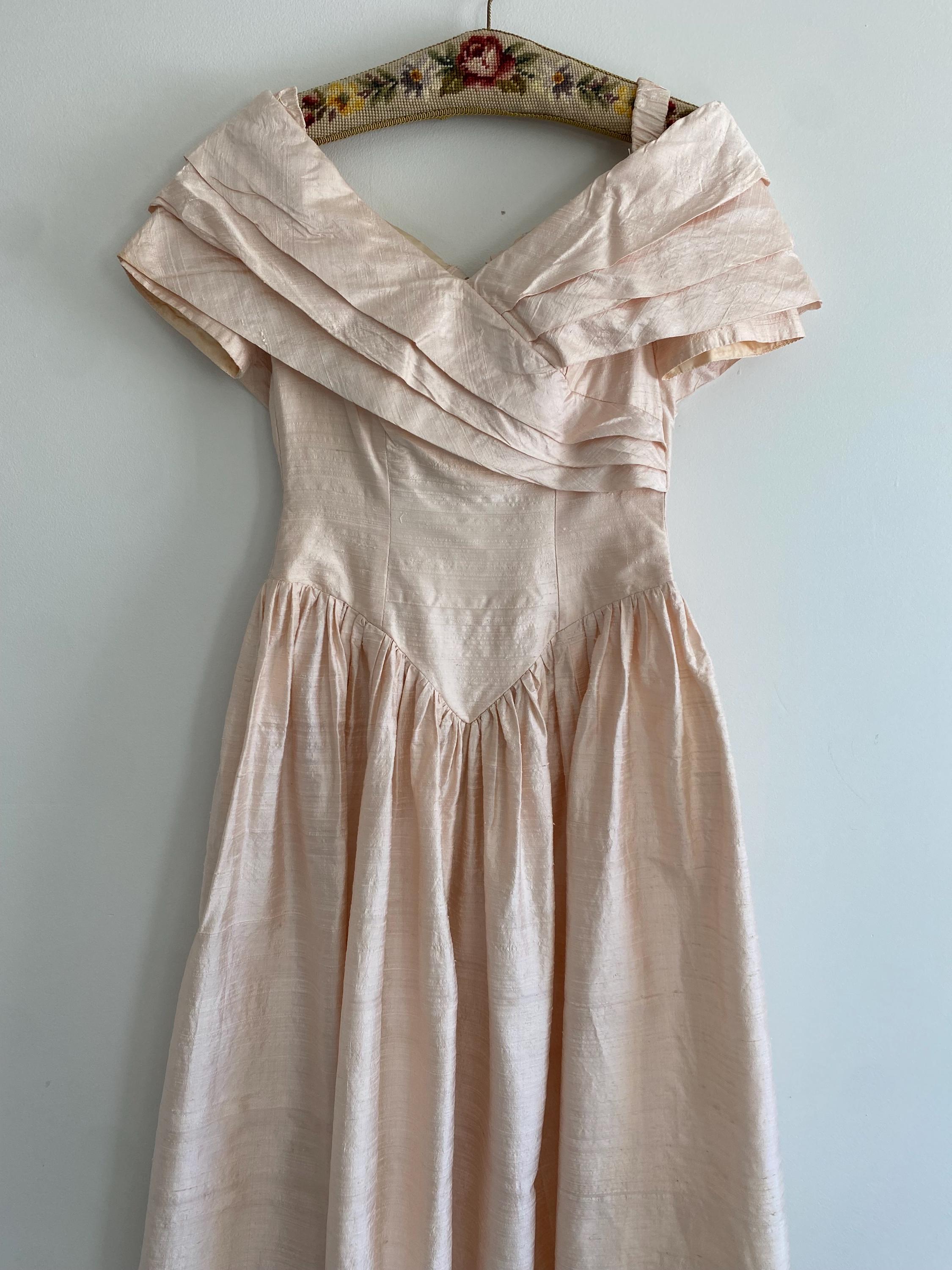 1980s Peach Raw Silk Midi Wedding Gown
