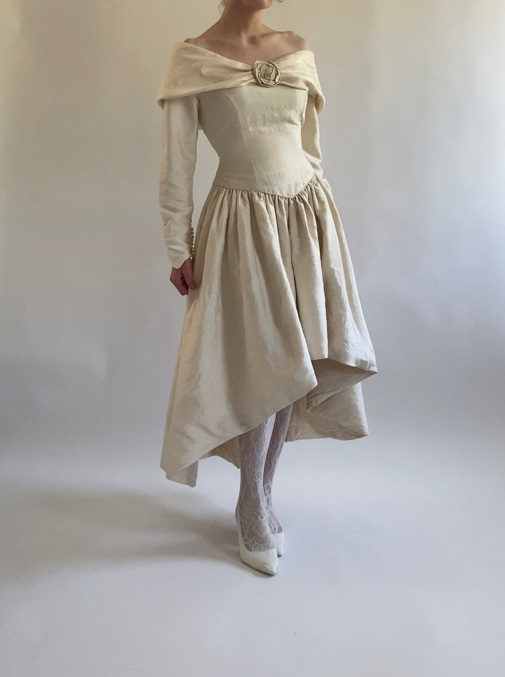 Vintage Silk Midi Off Shoulder Wedding Dress