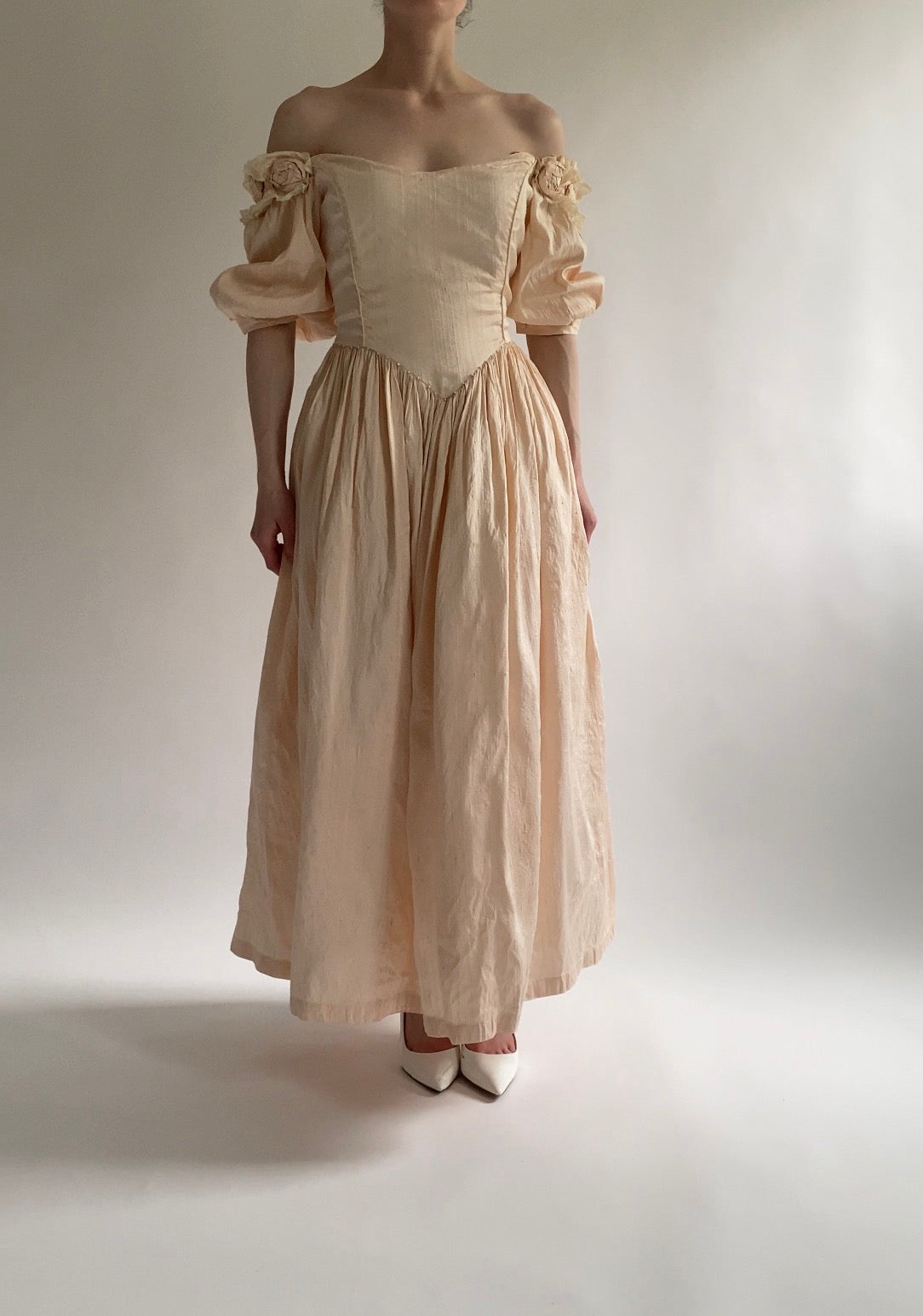 Vintage 1980s Raw Silk Midi Wedding Dress with Off Shoulder Sleeves