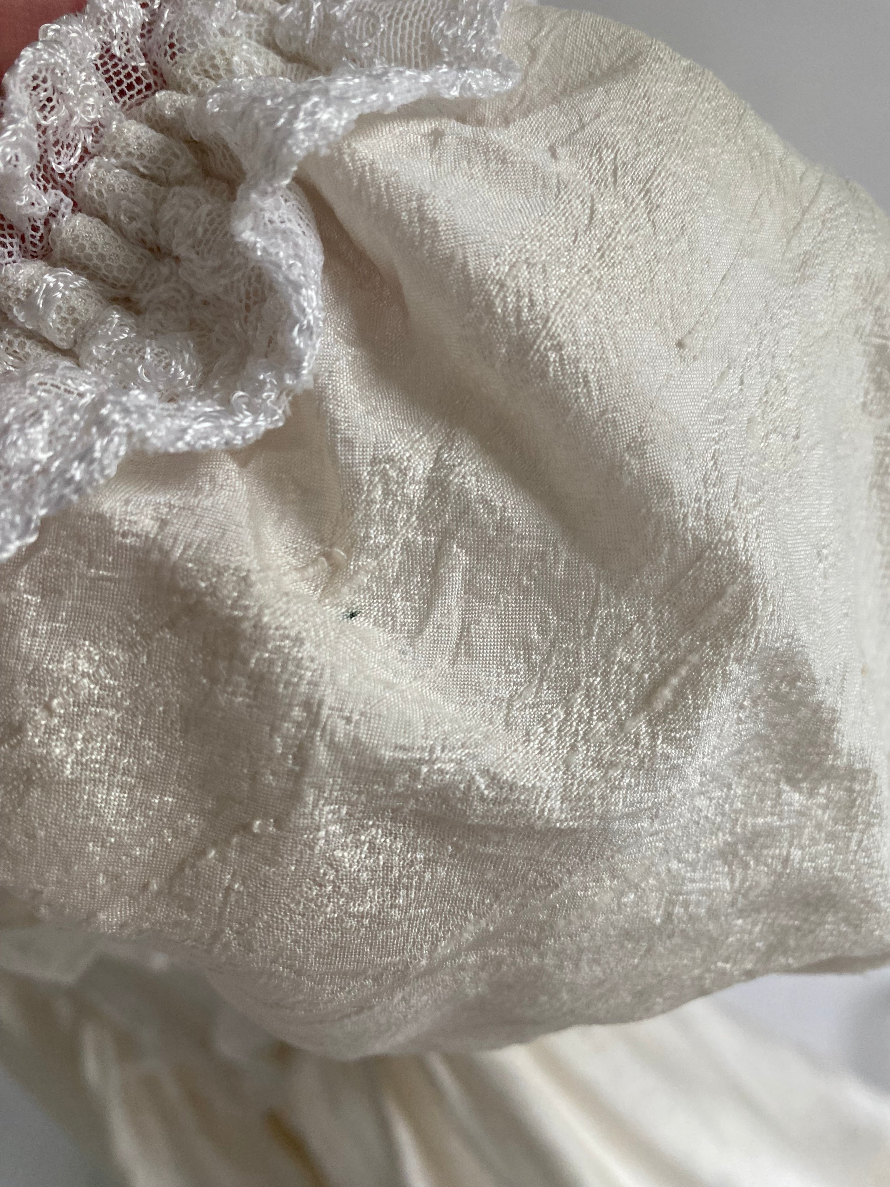 Vintage 90s Raw Silk Puff Sleeve Wedding Dress with Lace Accented Basque Bodice