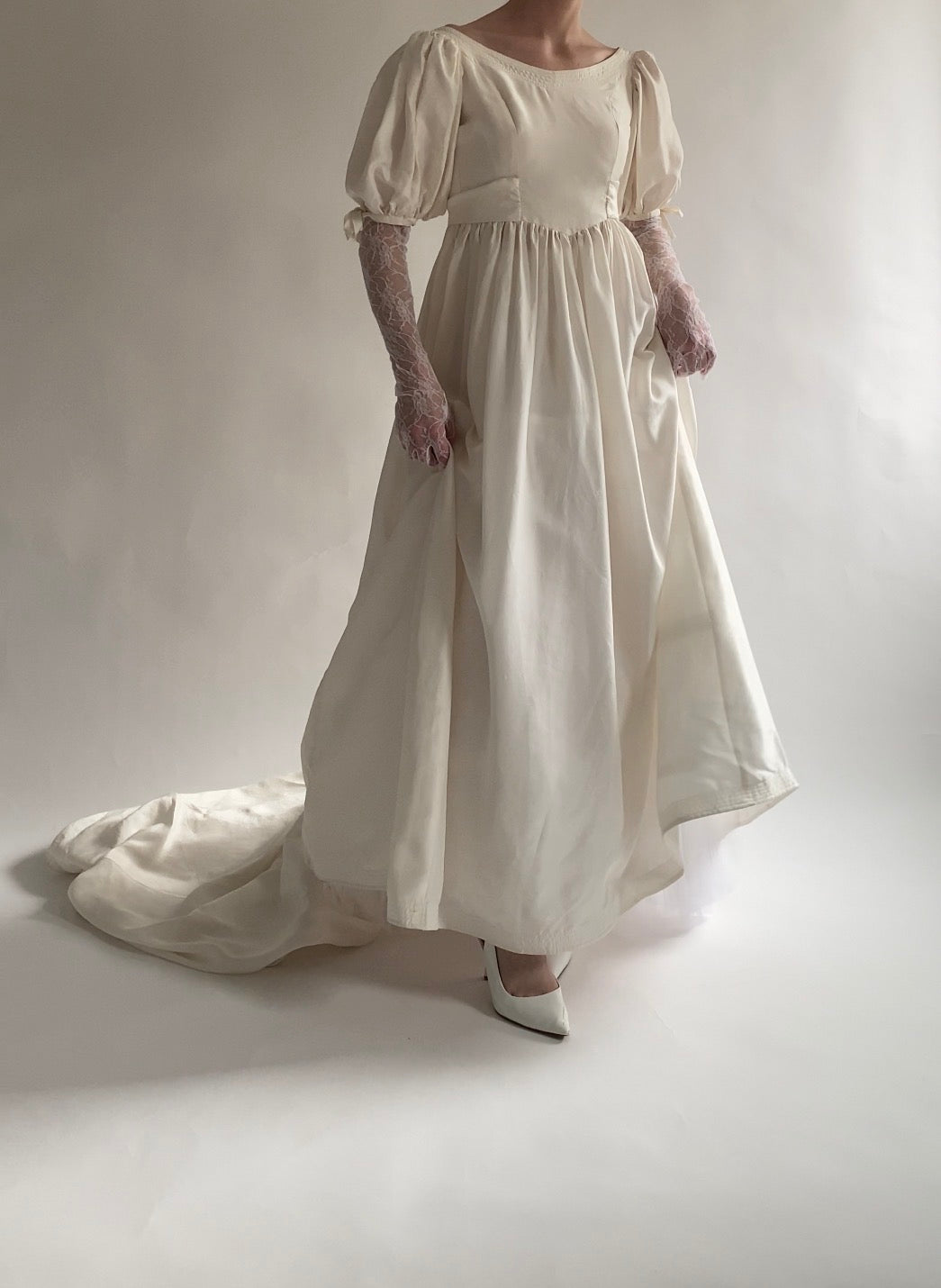 Vintage Silk 1980s Wedding Dress with Puff Sleeves