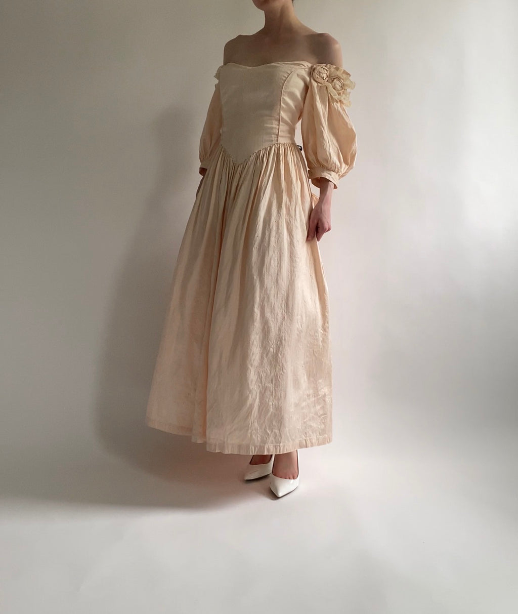 Vintage 1980s Raw Silk Midi Wedding Dress with Off Shoulder Sleeves